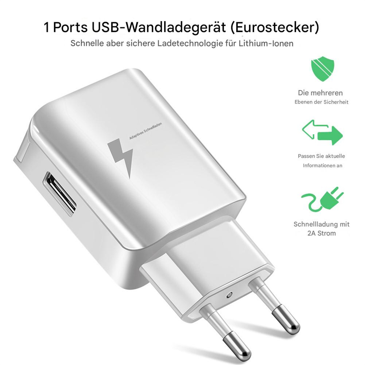 Weißes USB-Wandladegerät mit Stiften, Blitzsymbol und Ladeinformationen.