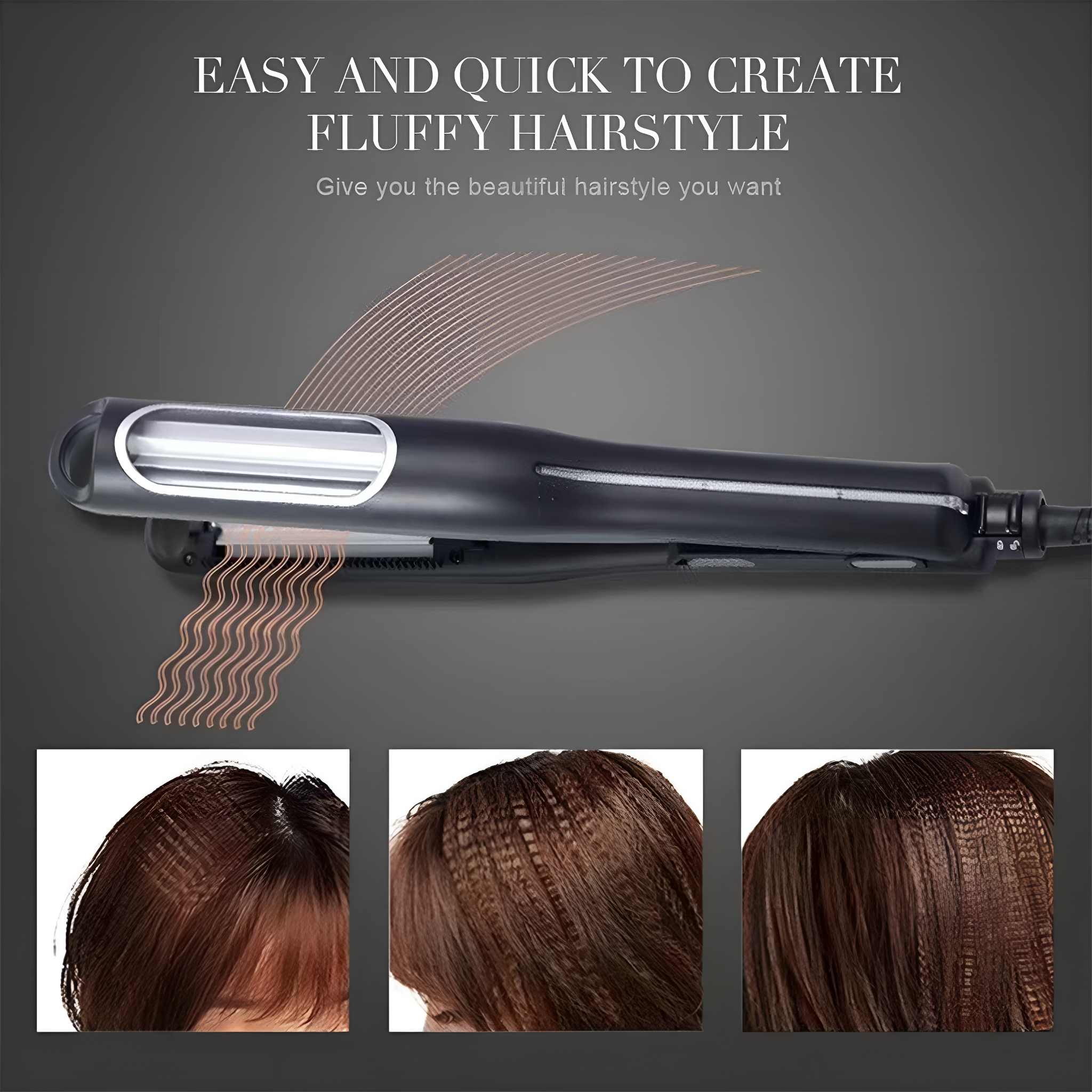 Ein Haarglätter mit gewelltem Haar und drei Bildern von gewellten Frisuren. Der Hintergrund ist dunkel.