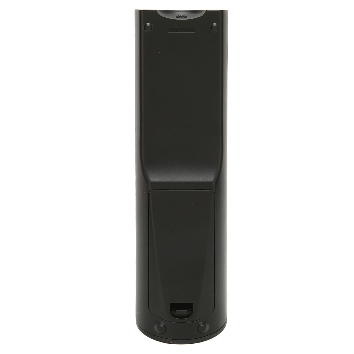 Rückseite einer schwarzen Fernbedienung mit Batteriefach und zwei Knöpfen.