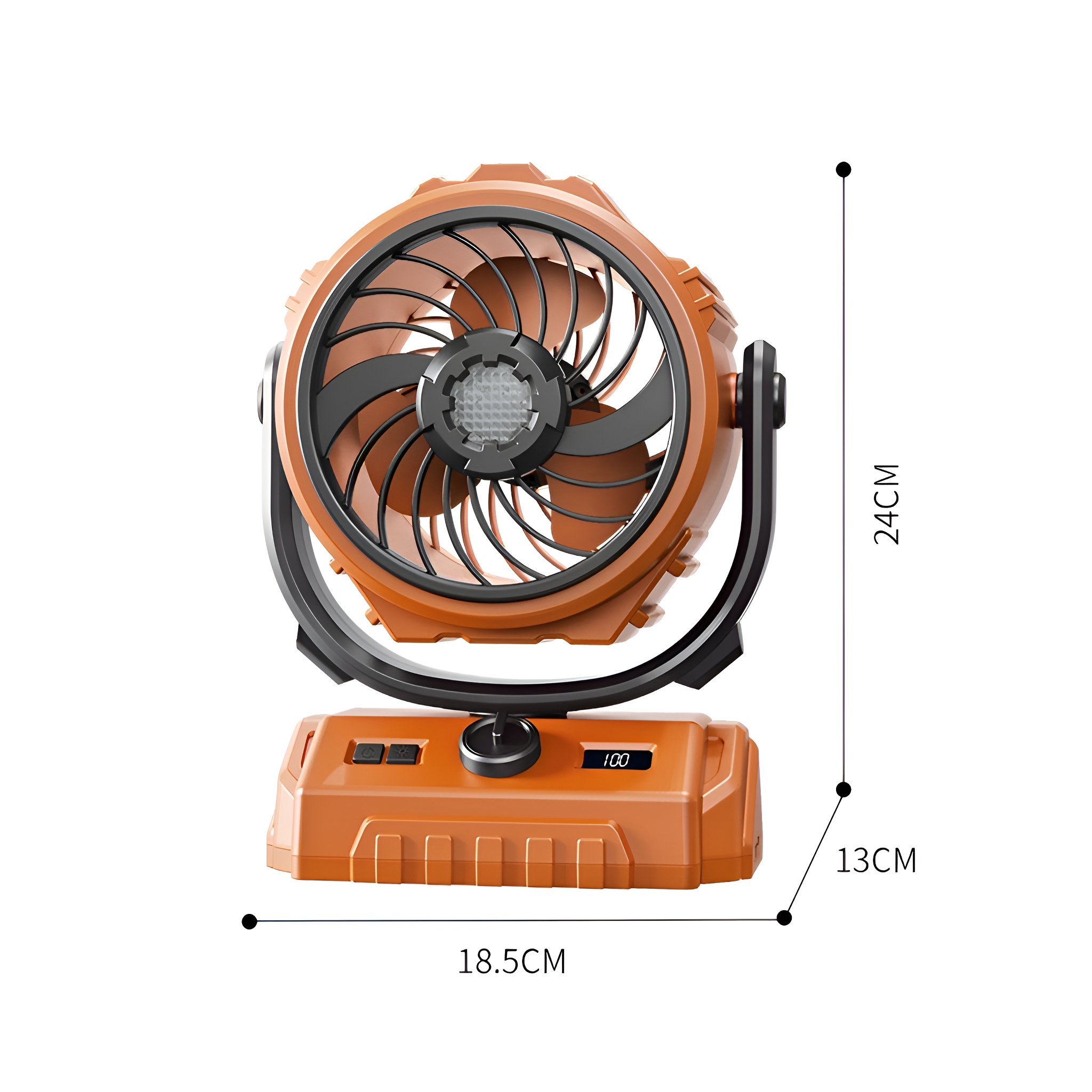 Orangener tragbarer Ventilator mit schwarzem Griff. Digitalanzeige zeigt 100. Abmessungen sind beschriftet.