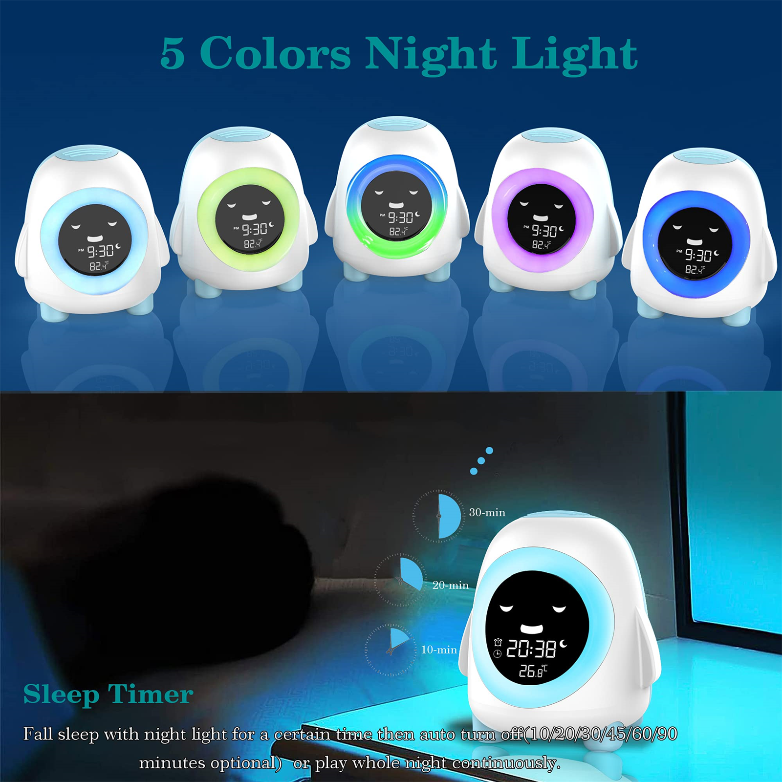 Fünf pinguinförmige Nachtlichter. Sie sind in den Farben Weiß, Grün, Blau, Lila und Blau gehalten. Ein Schlaftimer ist ebenfalls sichtbar.