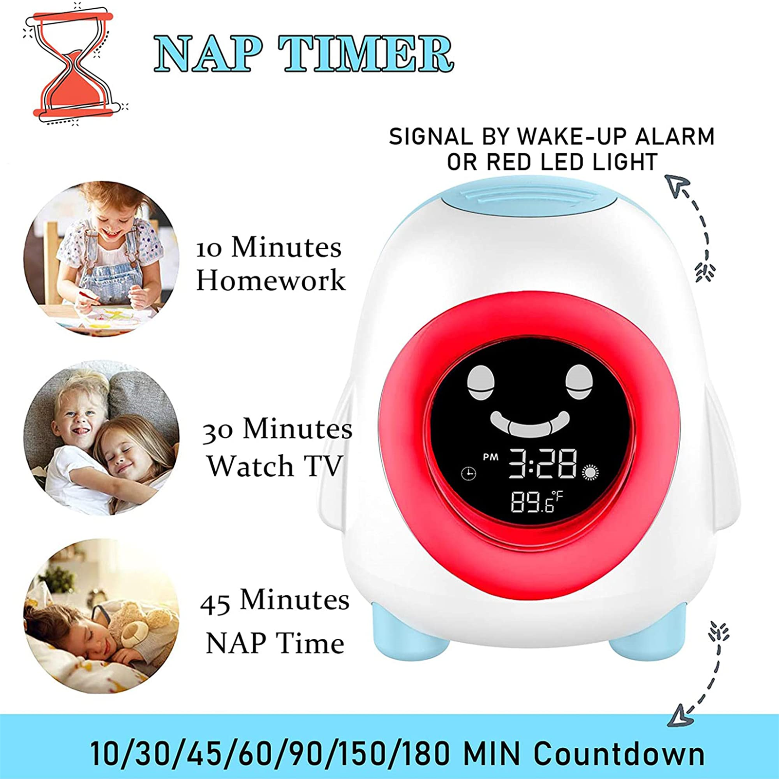 Weißer Nap-Timer mit roter Anzeige. Zeigt Zeit und Temperatur. Bilder von Kindern sind enthalten.