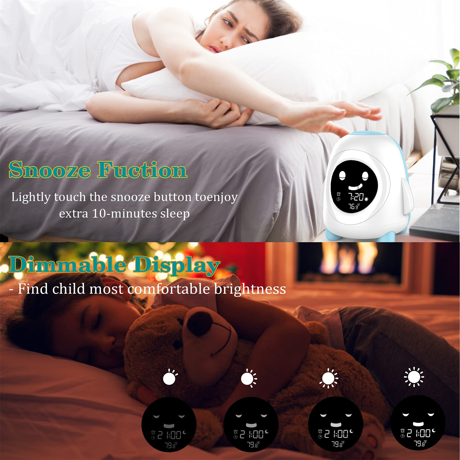 Frau und Kind im Bett. Das Kind schläft. Ein Wecker steht auf dem Nachttisch. Schlummer- und dimmbarer Displaytext.