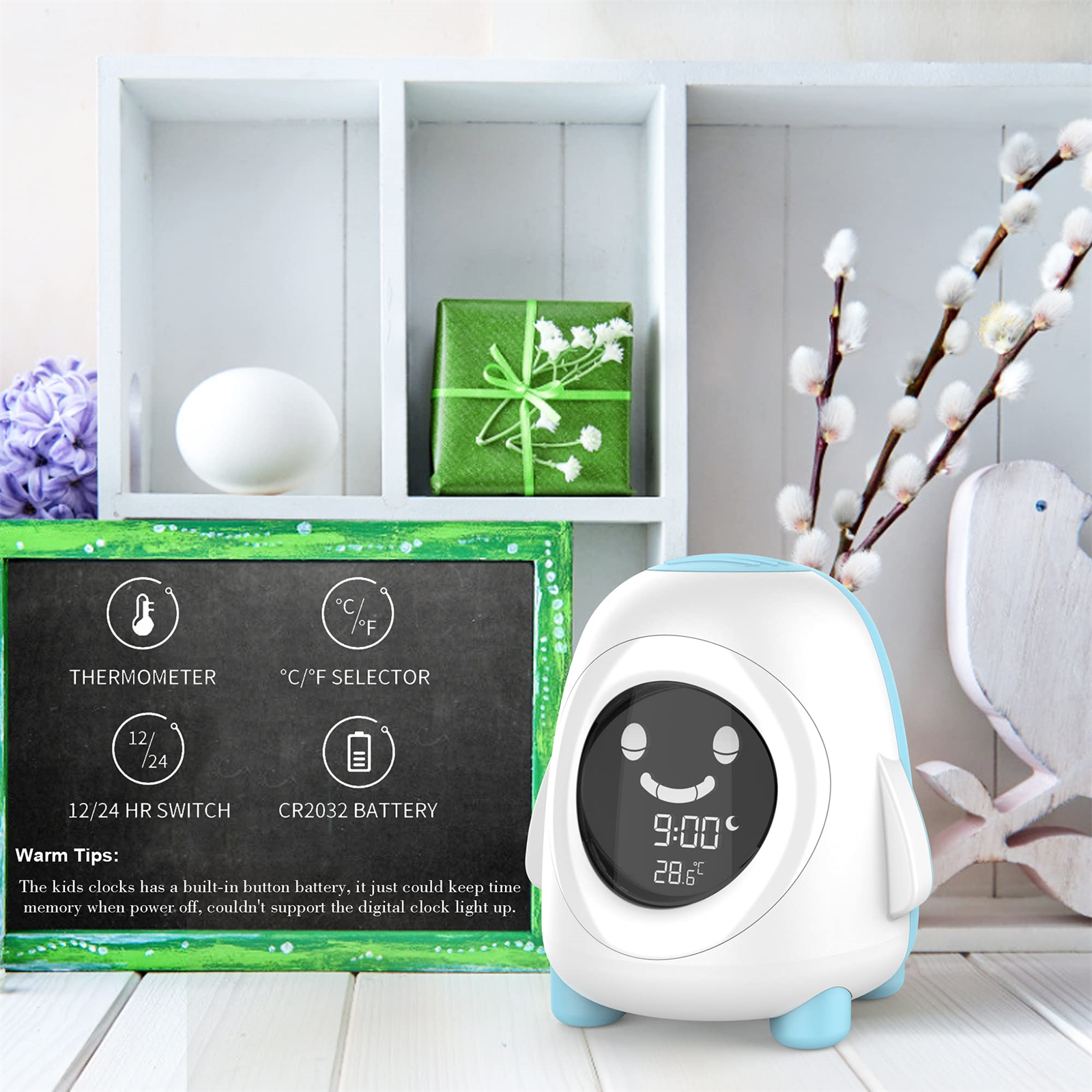 Pinguin-Wecker mit Display und Text: Thermometer, Batterie, 12/24 Schalter.