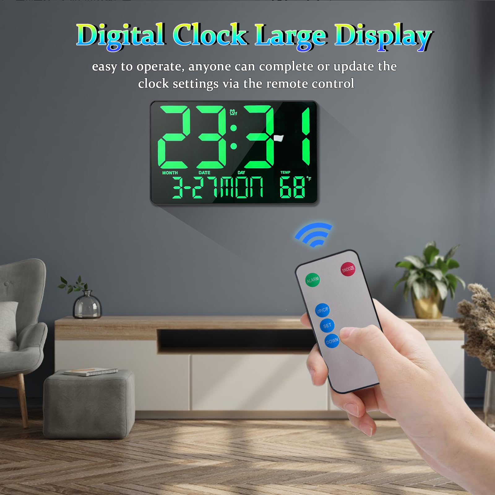 Digitaluhr mit Uhrzeit und Datum. Eine Person hält die Fernbedienung in der Hand.