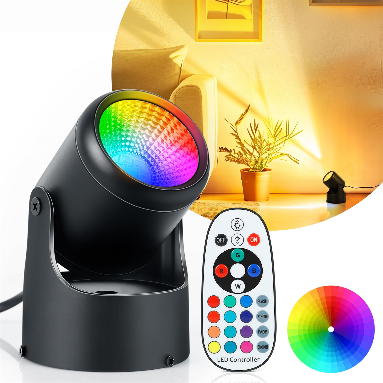 Schwarzer Projektor mit Regenbogenlicht. Fernbedienung und Farbrad ebenfalls im Bild.