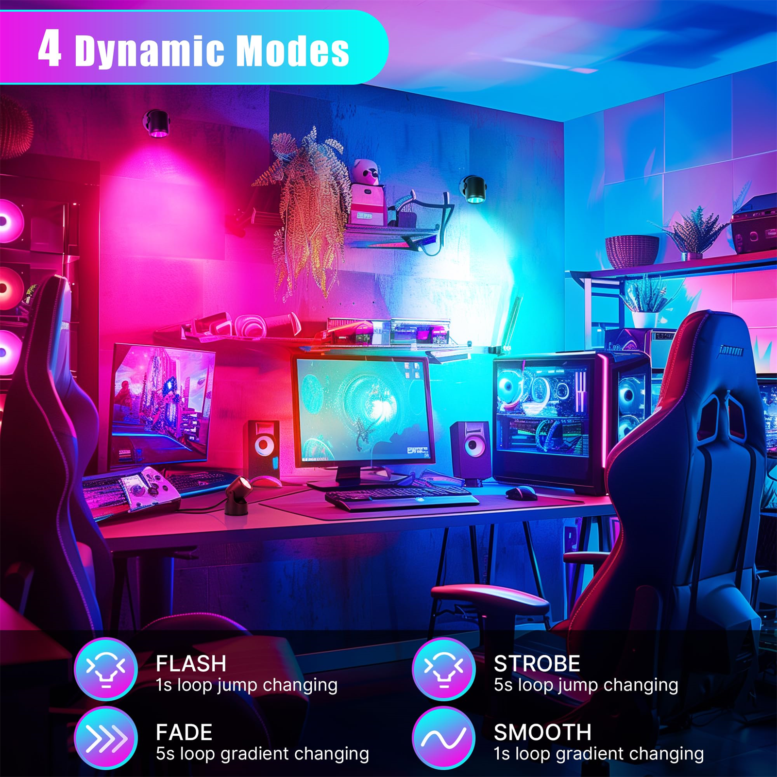 Gaming-Raum mit mehreren Computermonitoren. Enthält 4 dynamische Beleuchtungsmodi mit Beschreibungen.