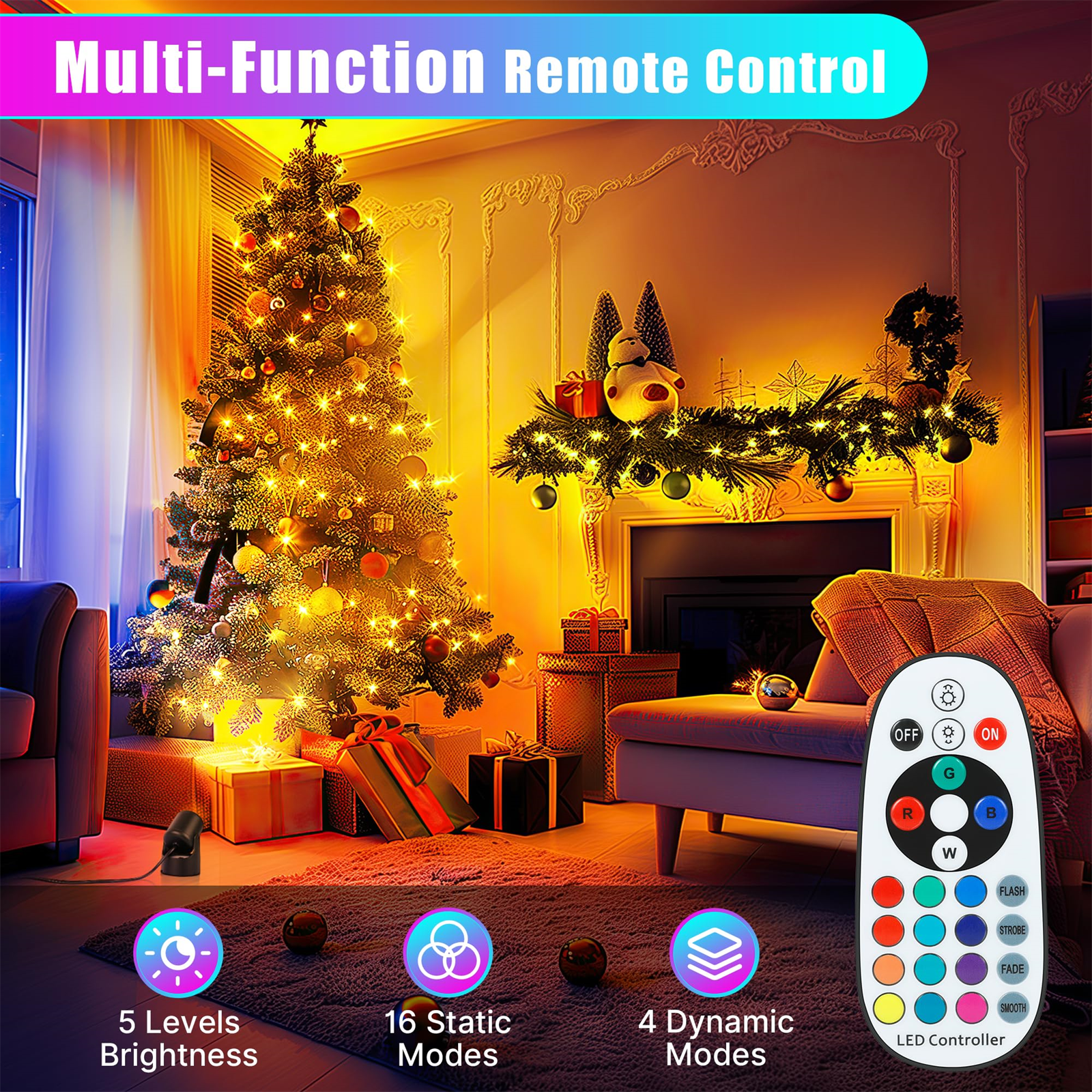 Weihnachtsszene mit Baum, Lichtern und Geschenken. Eine Fernbedienung mit verschiedenen Modus-Symbolen ist sichtbar.