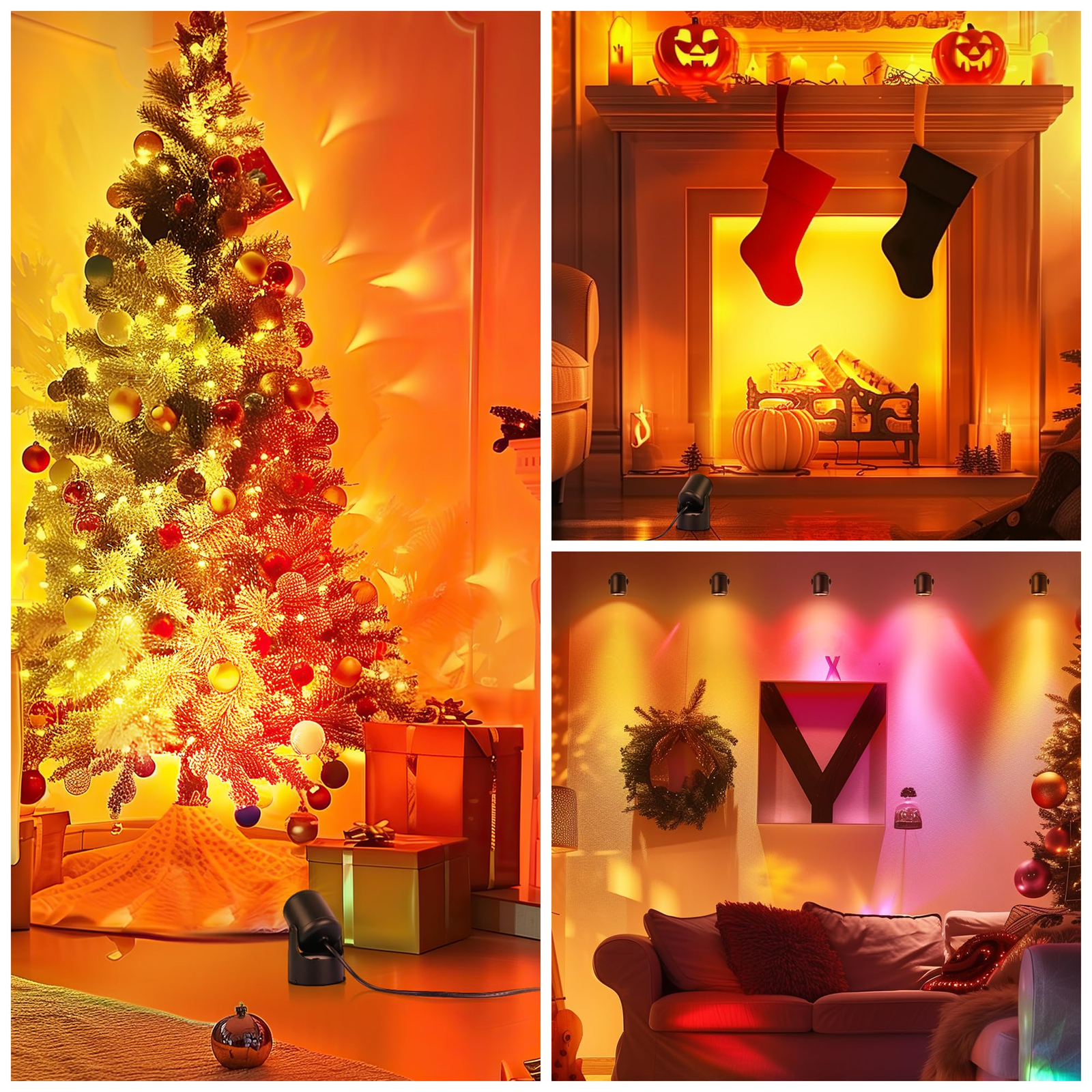 Drei Szenen mit Weihnachtsdekorationen und Lichtern. Beinhaltet einen Baum, einen Kamin und Geschenke.