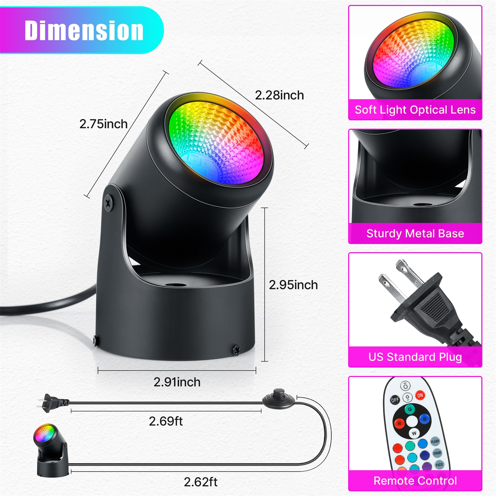 Schwarzes LED-Licht mit mehrfarbiger Lichtanzeige. Es hat eine Fernbedienung, Abmessungen sind angegeben.
