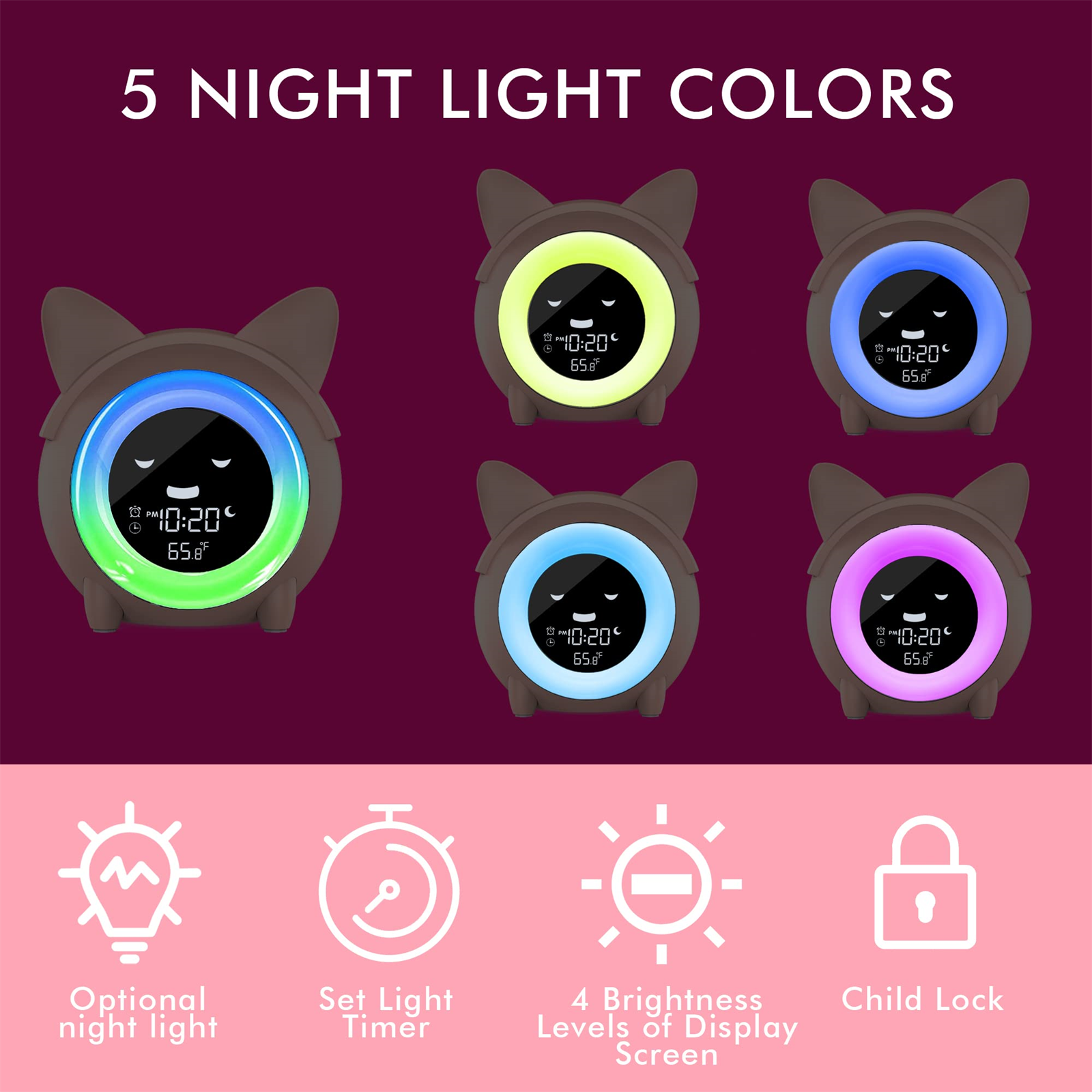 Katzenförmige Wecker mit farbigen Lichtern und Display. Text: 5 Nachtlichtfarben.