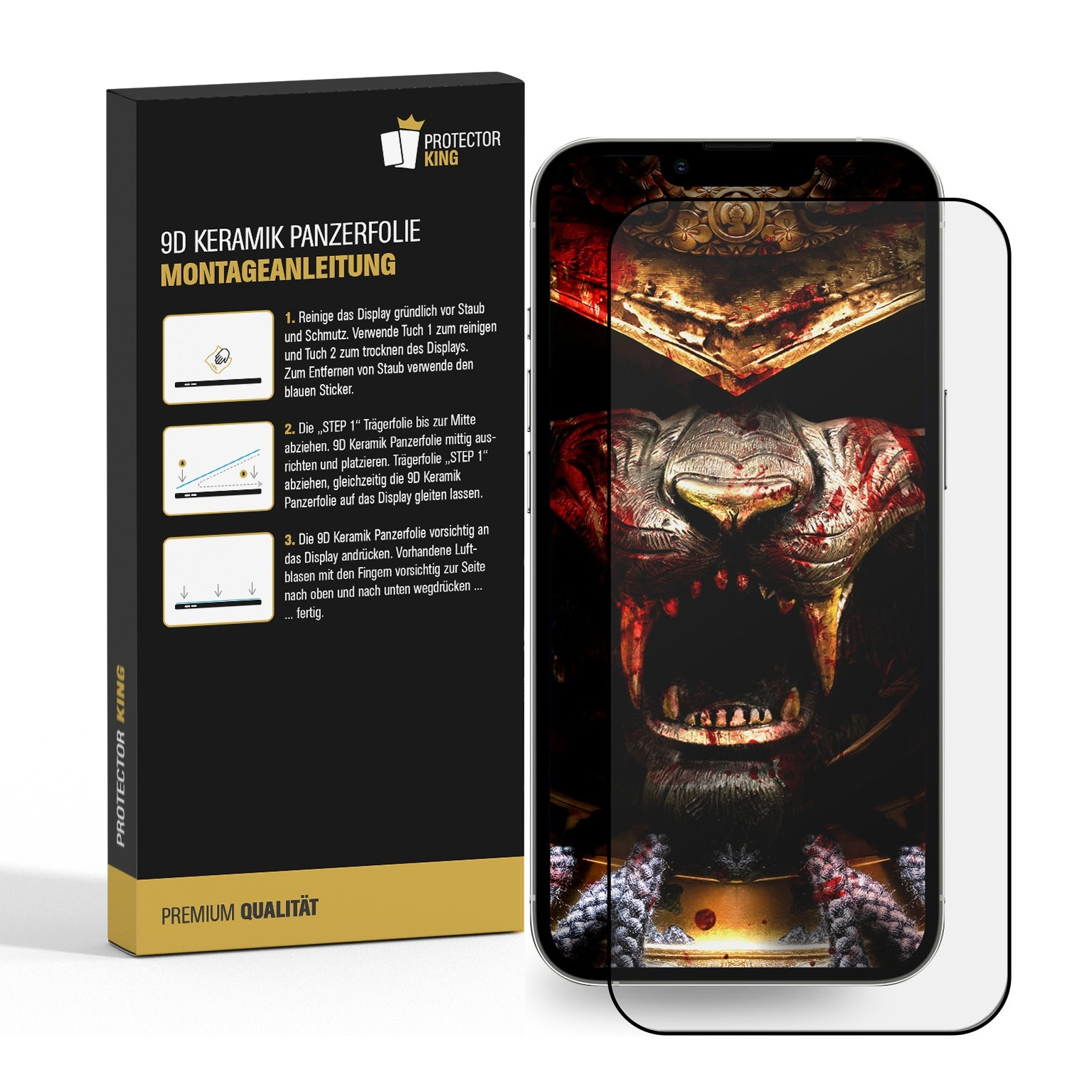 Schwarzes Telefon mit Displayschutz. Anweisungen auf der linken Seite des Bildschirms.