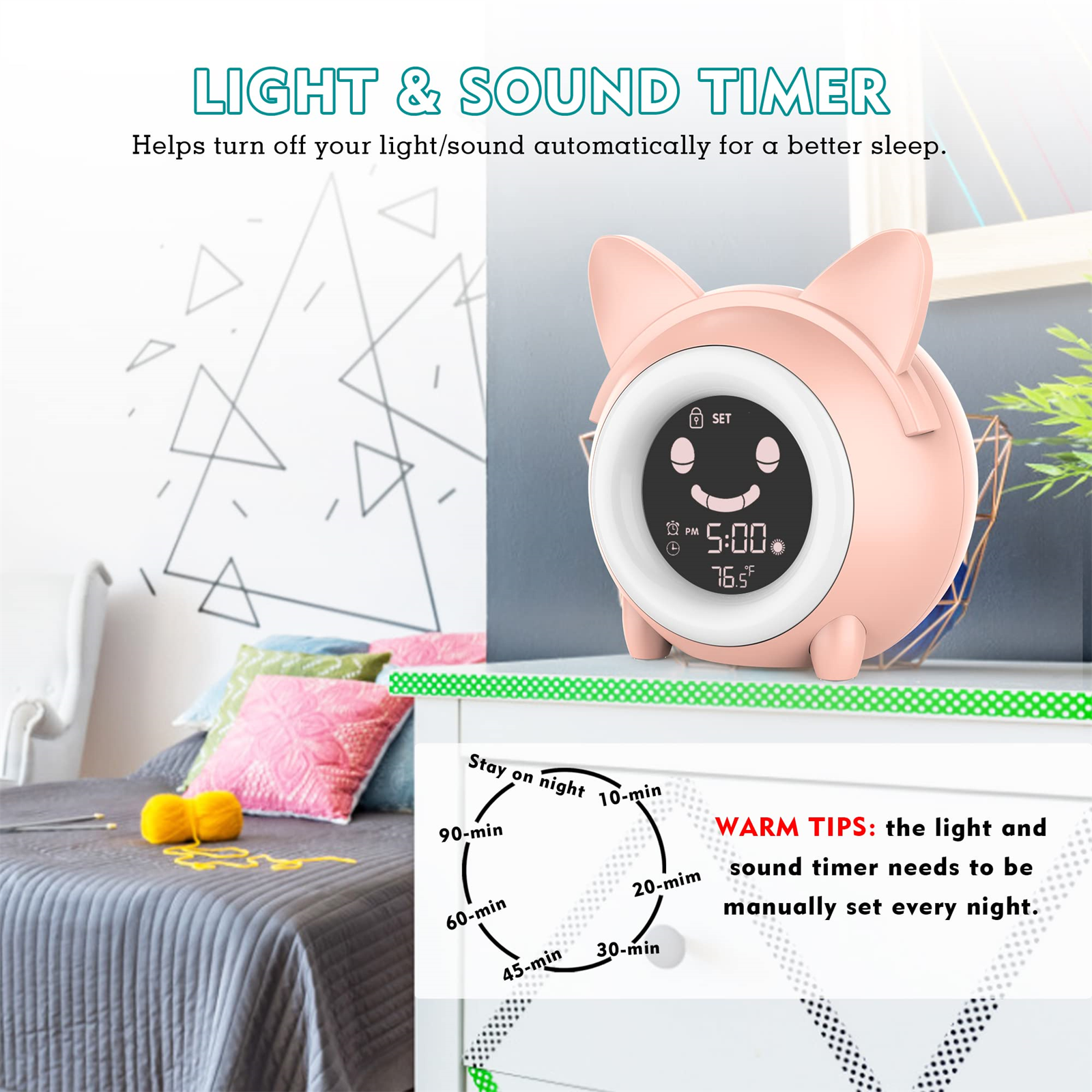 Rosa Wecker mit Katzenohren, zeigt Zeit und Temperatur. Text sagt Licht- & Sound-Timer und hat Timereinstellungen.