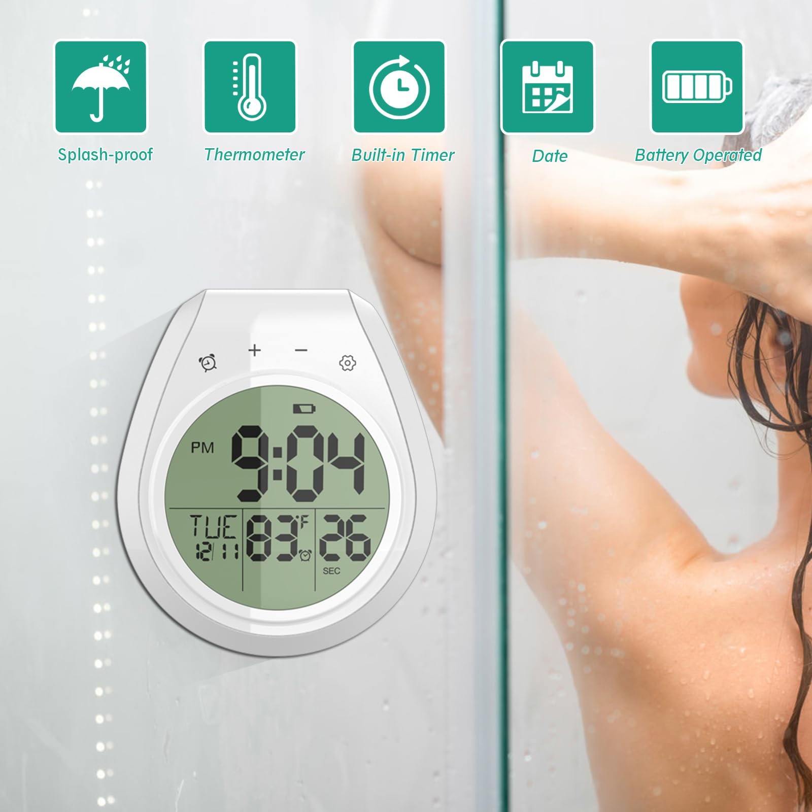 Dusch-Timer zeigt 9:04, Di, 26.12. Symbole: spritzwassergeschützt, Thermometer, Timer, Datum, Batterie.
