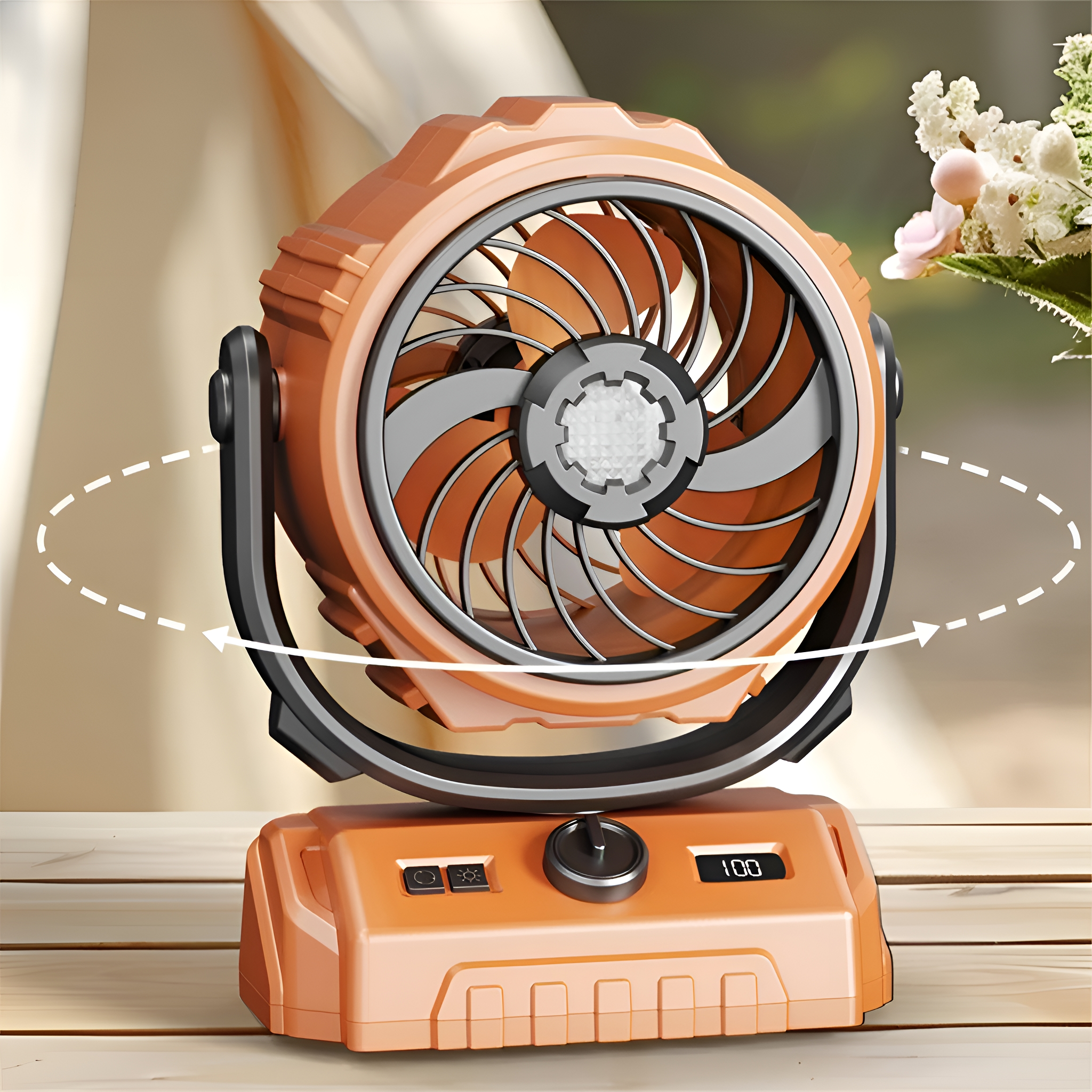 Orangener Ventilator mit Drehknopf und Knöpfen. Der Ventilator steht auf einer Holzoberfläche.