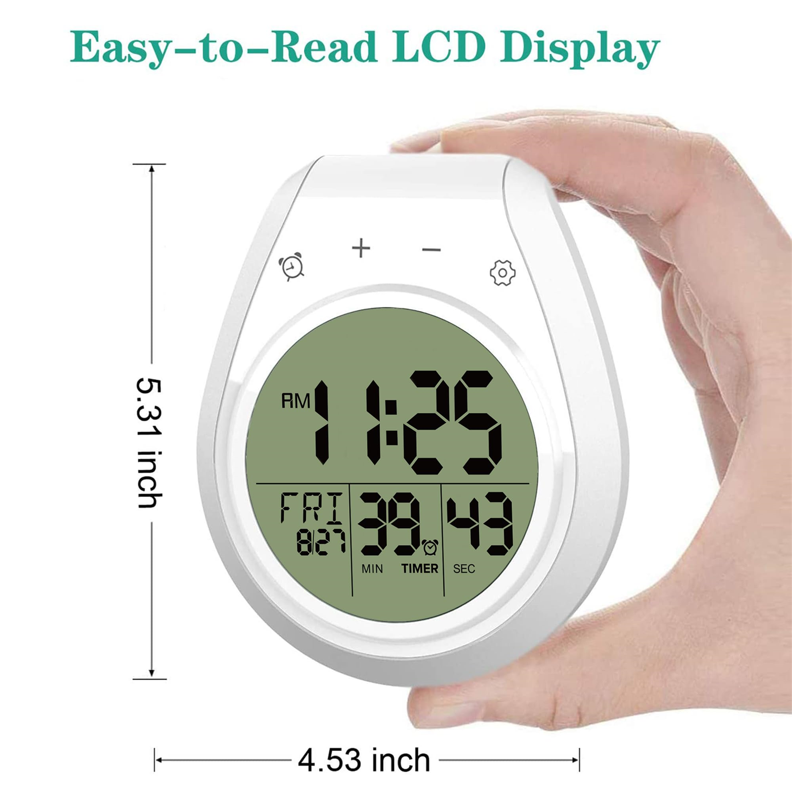 Weiße Digitaluhr. Zeigt Zeit und Datum an. Von Hand gehalten. Schwarze Ziffern auf grünem Bildschirm.