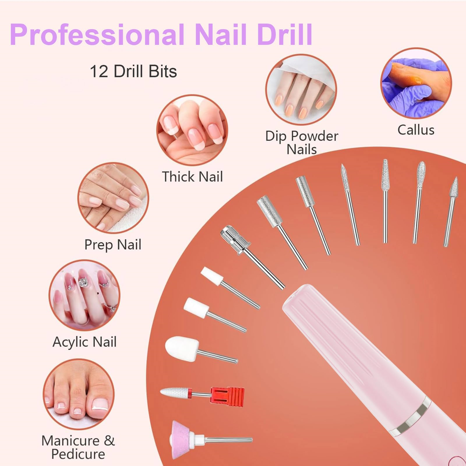 Nahaufnahme eines professionellen Nagelbohrers mit 12 Bohraufsätzen. Bilder zeigen verschiedene Nagelbehandlungen.