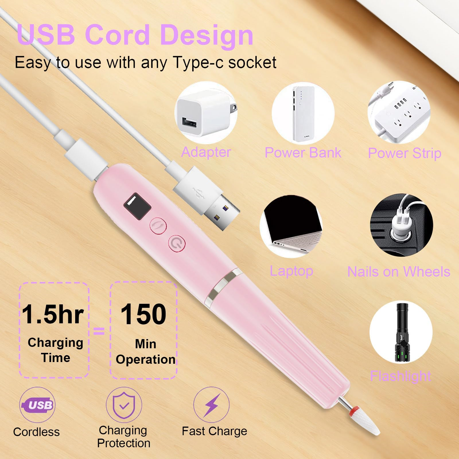 Rosa Nagelfräser mit Zubehör, Powerbank, Adapter und anderen Artikeln für die Nagelpflege, mit USB-Kabel.
