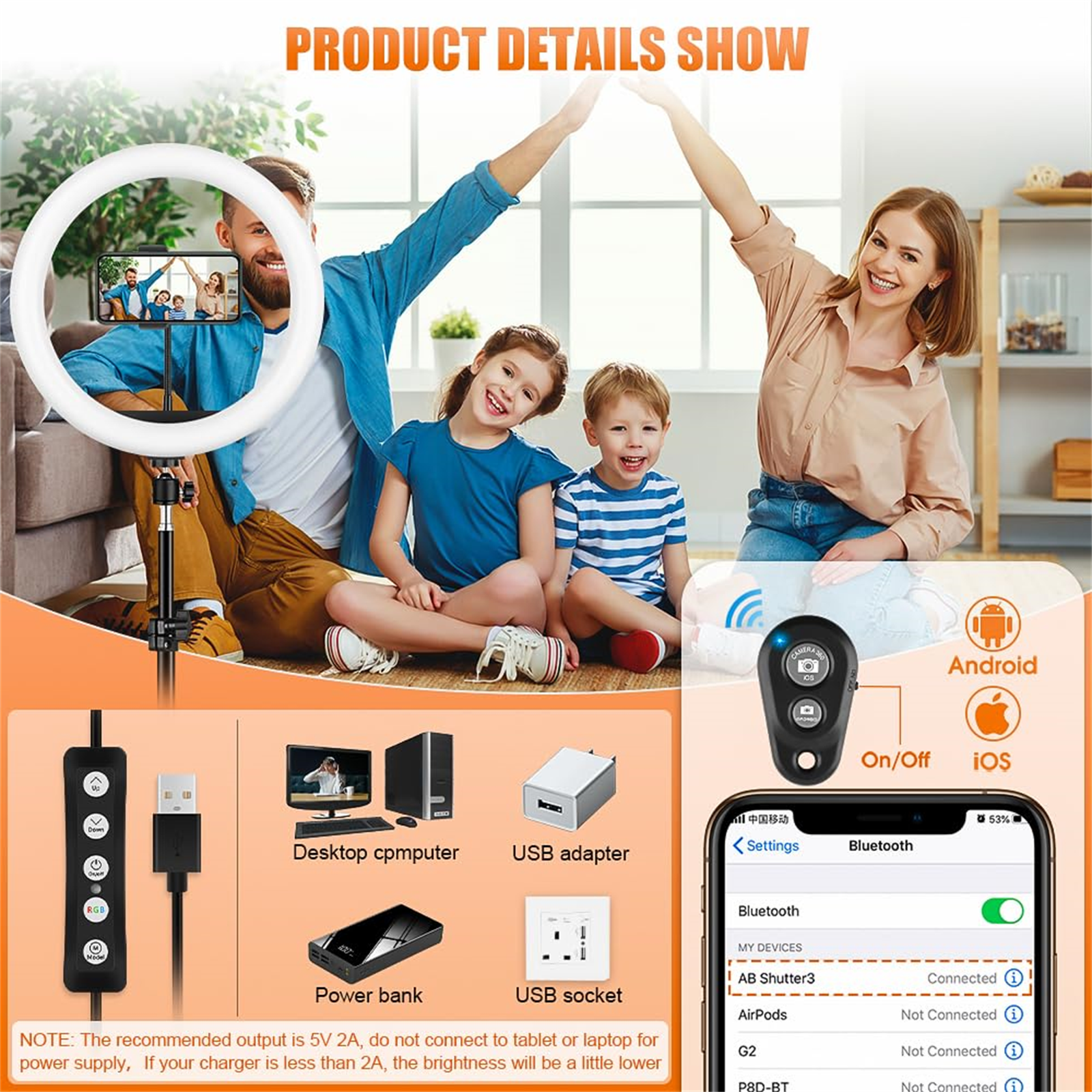 Familie mit Ringlicht, Telefon und Bluetooth-Fernbedienung. Verschiedene USB-Geräte und Smartphone.