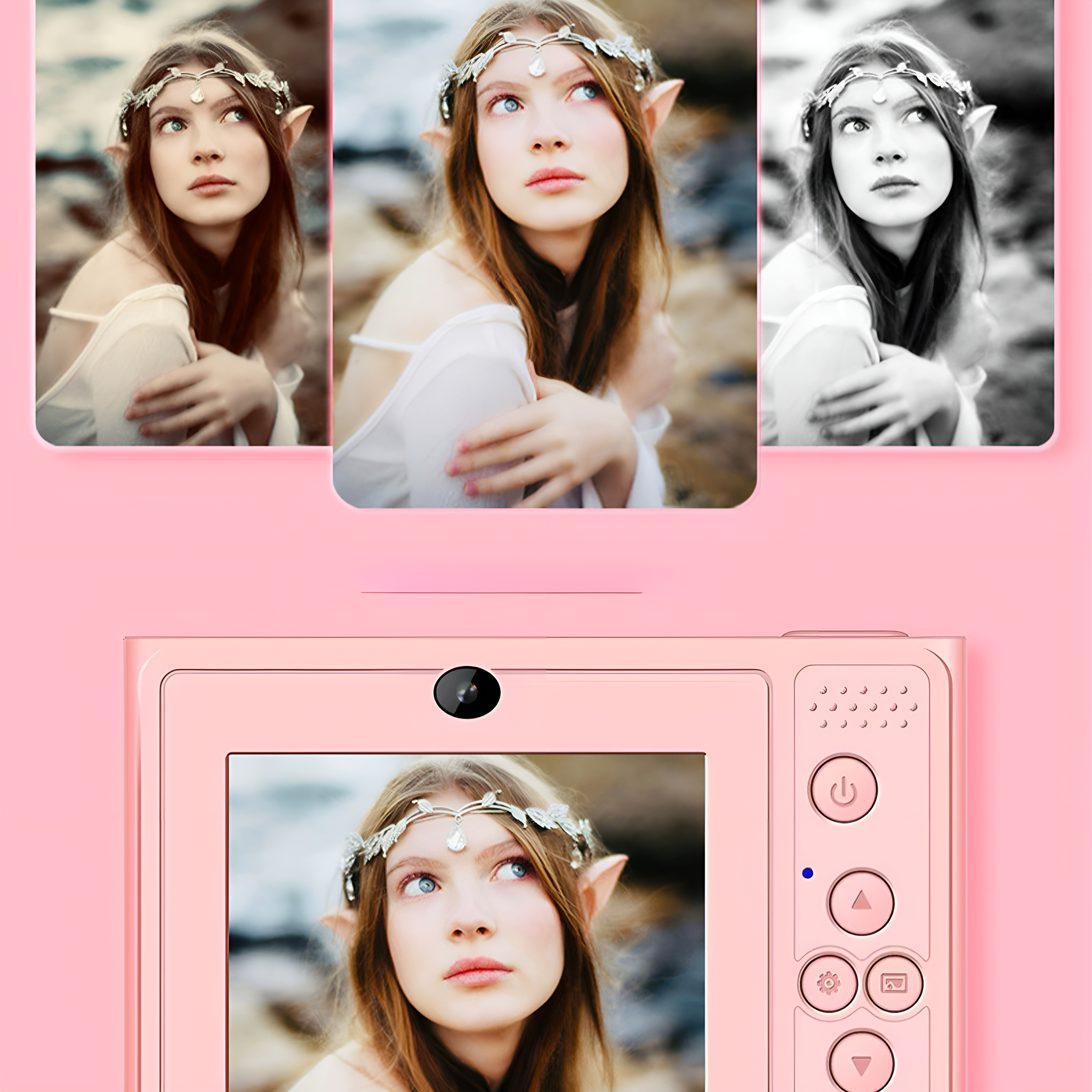 Eine rosa Kamera mit drei Bildern darüber. Die Bilder zeigen eine Frau mit Elfenohren und einem Diadem.