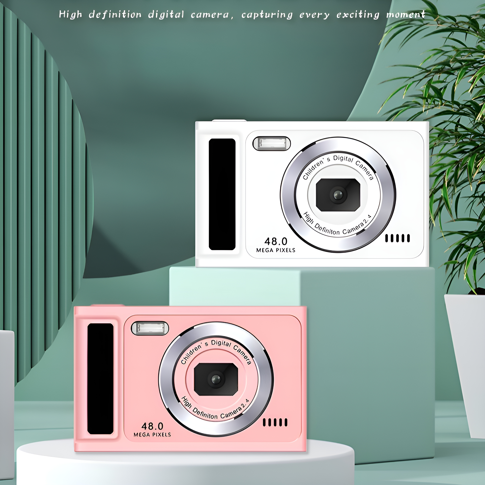 Zwei Digitalkameras, eine weiße und eine rosa, mit hellblauem Hintergrund.