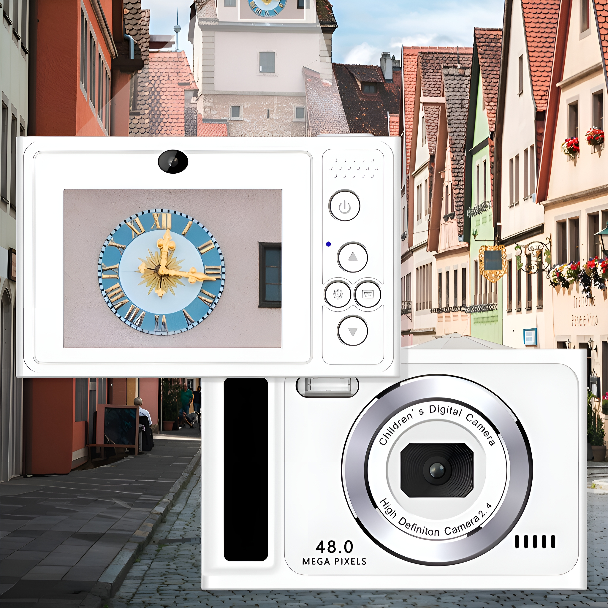 Eine weiße Digitalkamera auf einer Straße. Die Kamera zeigt eine Uhr auf dem Bildschirm und die Straßenszene.