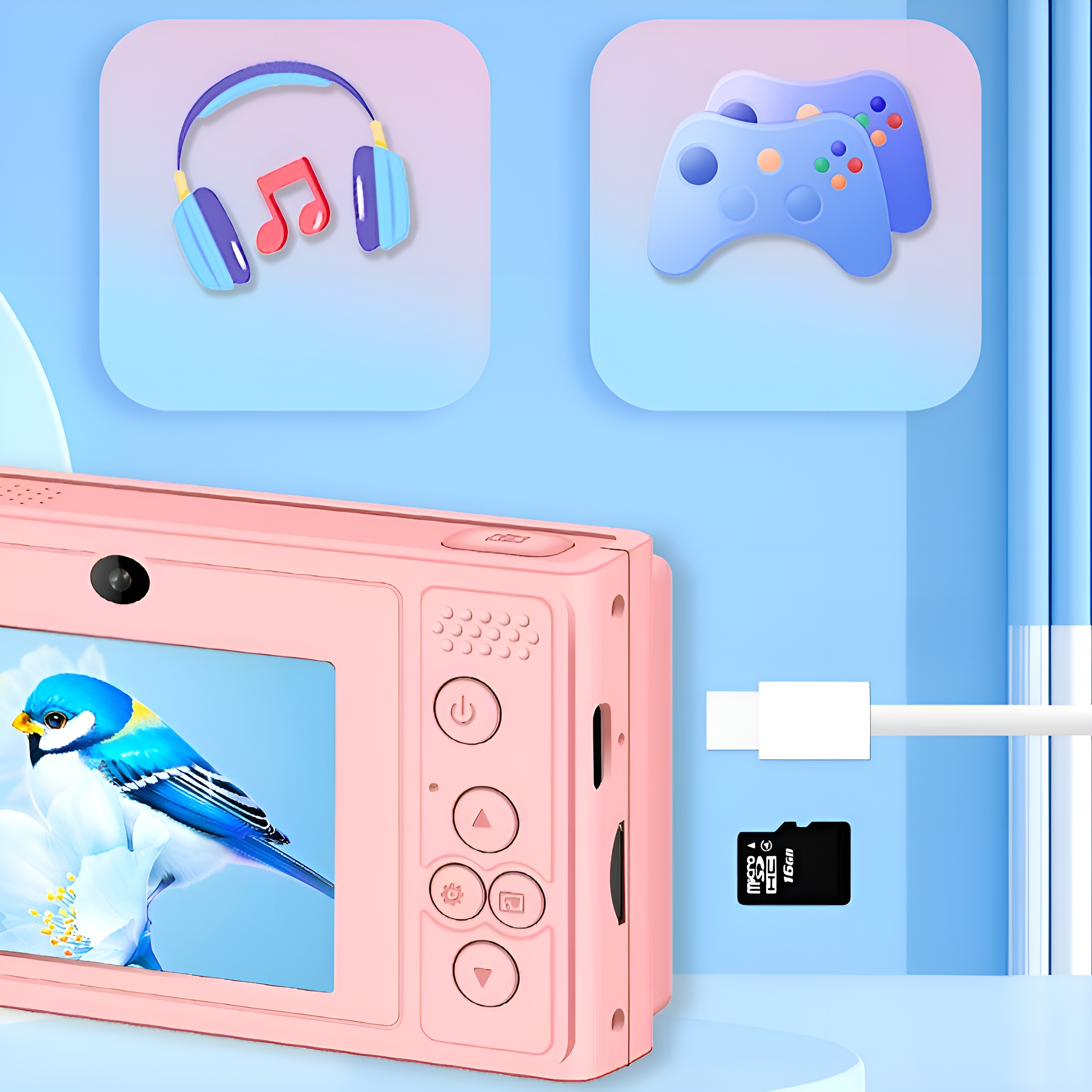 Eine rosa Kamera mit einem blauen Vogelbild und einem Controller-Symbol.