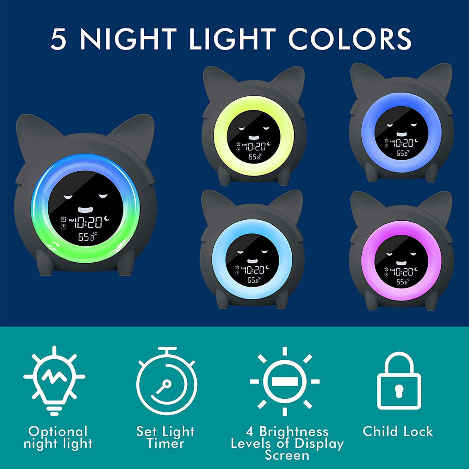 Fünf katzenförmige Wecker mit verschiedenfarbigen Lichtern auf dem Bildschirm. Symbole für Funktionen.