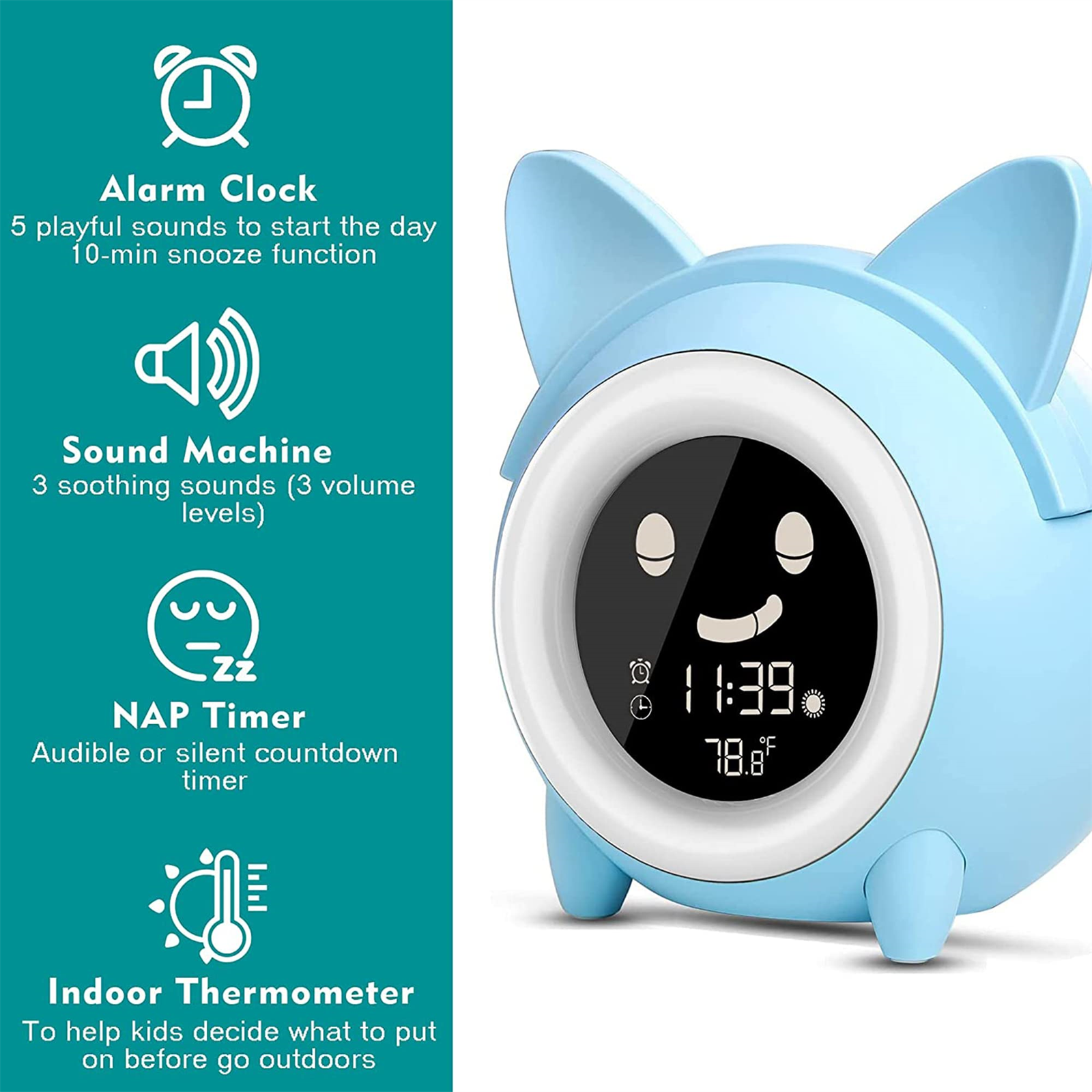 Blauer Katzen-Wecker mit verschiedenen Funktionen wie Alarm, Soundmaschine, Schlummertimer und Thermometer.