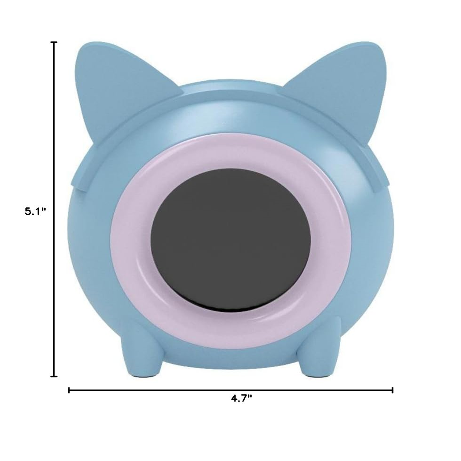 Blauer katzenförmiger digitaler Wecker. Display mit Uhrzeit, rosa Rand.