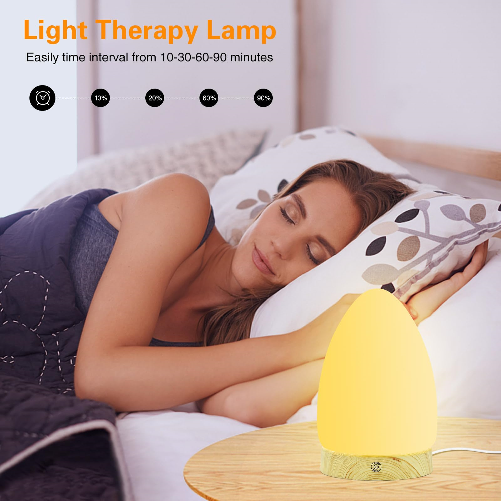 Frau schläft neben einer Lichttherapielampe auf einem Holztisch. Zeitintervalle werden angezeigt.