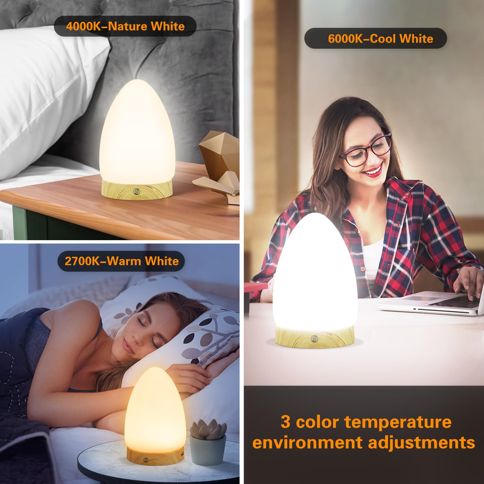 Drei Bilder, die Lampen mit unterschiedlichen Farbtemperaturen zeigen, und eine Frau, die einen Laptop benutzt.