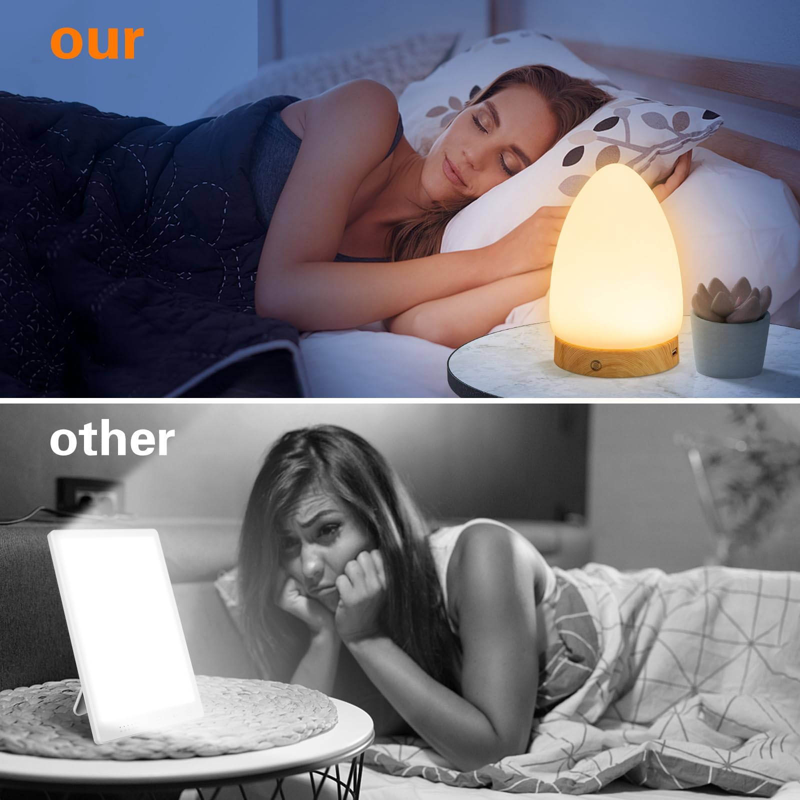Vergleich einer Lampe mit einer friedlich schlafenden Frau und einer unglücklichen Frau.