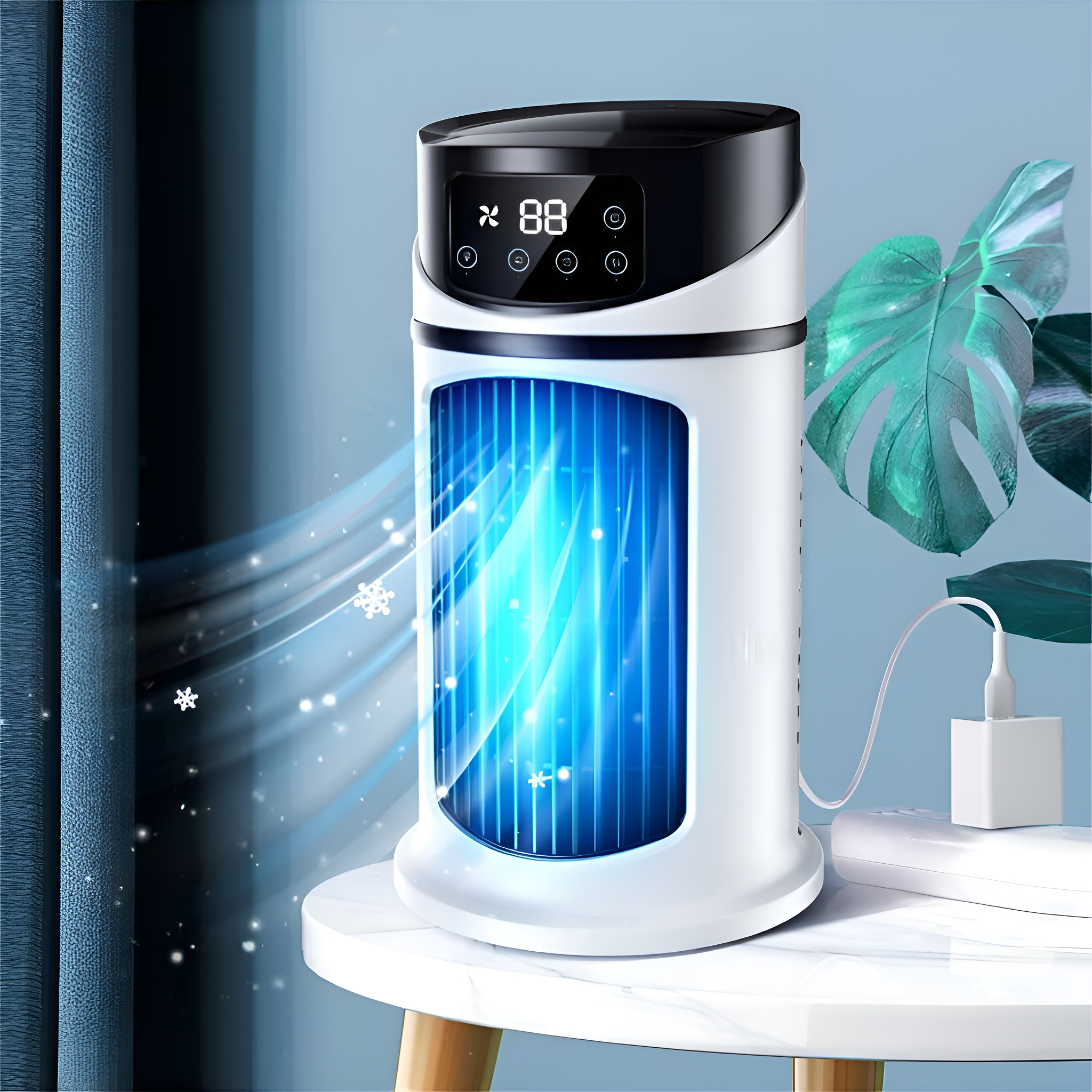 Weiß-schwarzer Luftkühler mit blauem Licht, auf einem Tisch mit Netzkabel.