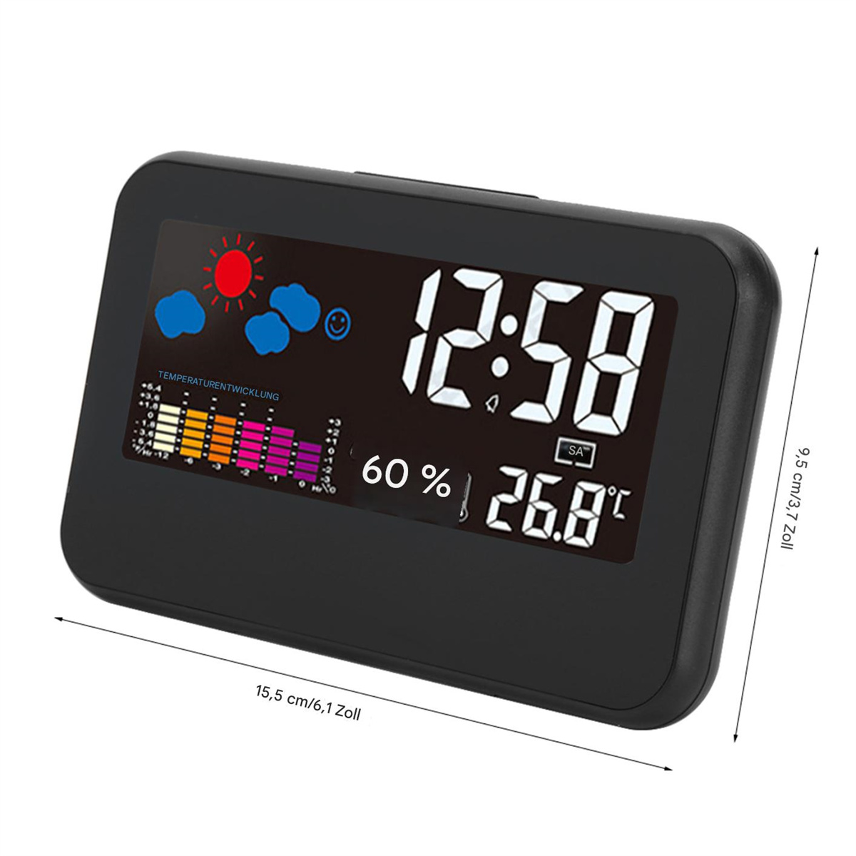 Schwarze Digitaluhr mit Anzeige von Zeit, Temperatur und Wettersymbolen, mit Maßen.