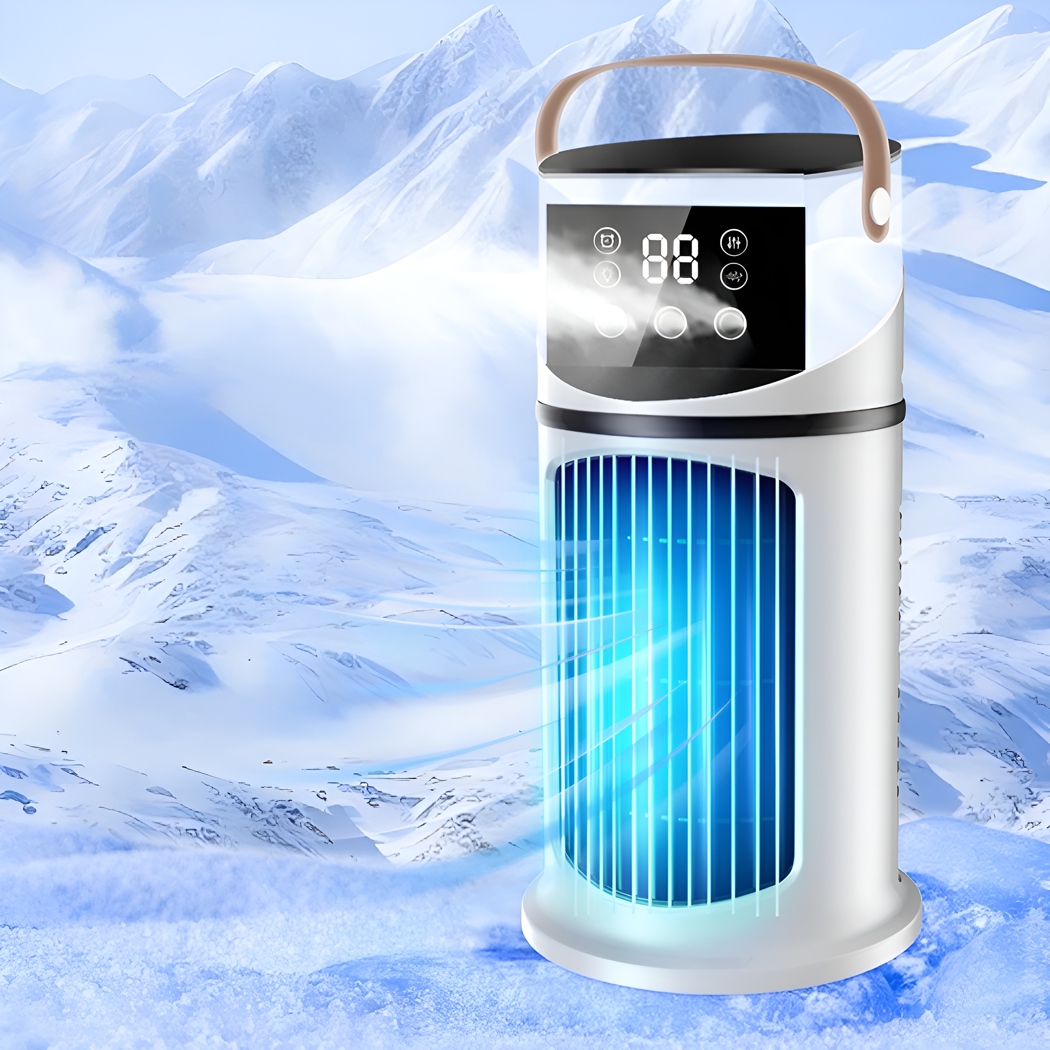 Weiß-blauer Luftkühler mit Digitalanzeige vor schneebedeckter Bergkulisse.