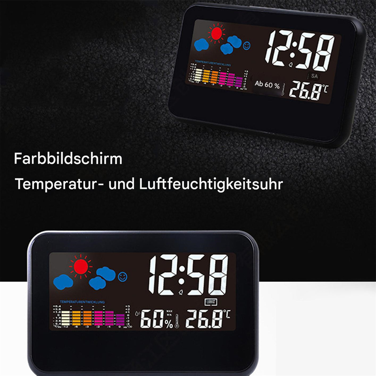 Digitaluhr mit Wetter- und Temperaturanzeige. Die Zeit und Temperatur sind sichtbar.
