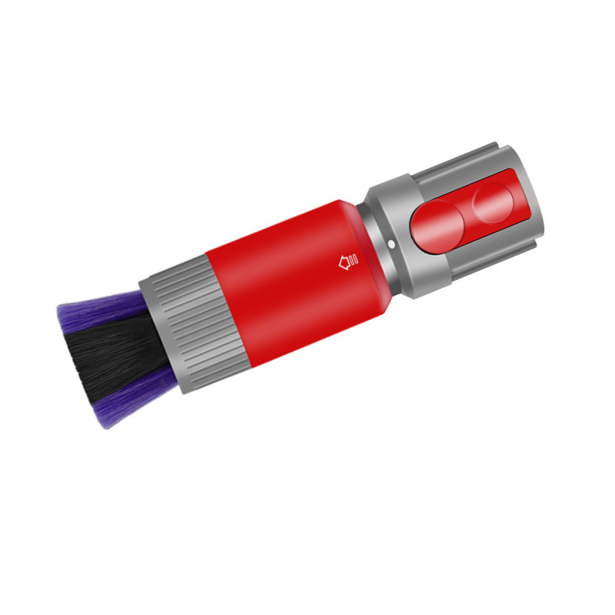 Een rood en zilveren stofzuigeropzetstuk met borstels wordt getoond.