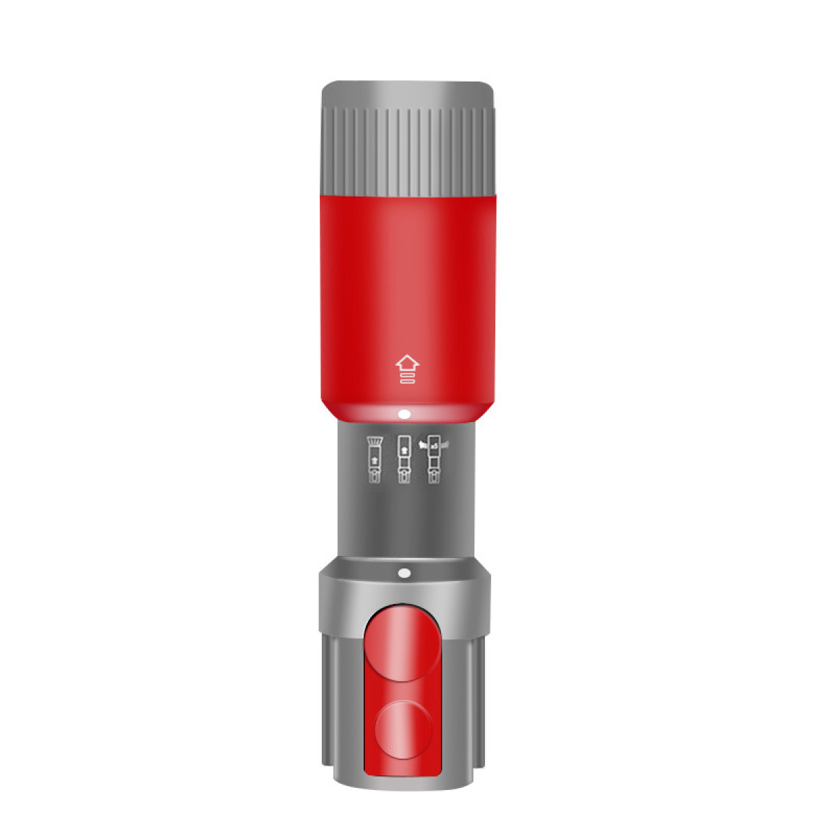 Een rood en grijs schoonmaakgereedschap met pijlen die de functie aangeven.