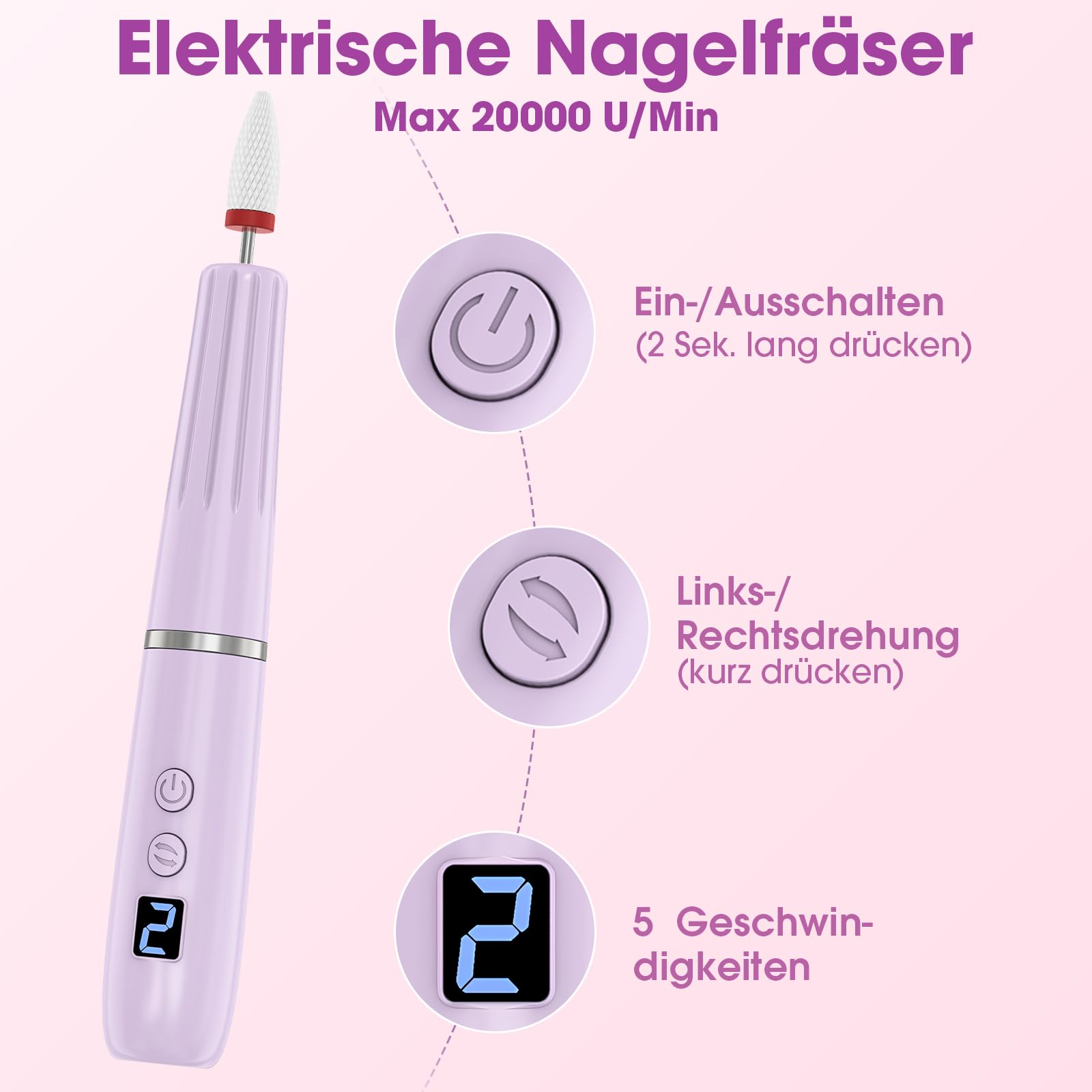 Elektrischer Nagelbohrer mit Bedienelementen, Geschwindigkeitsanzeige und Bohrer.