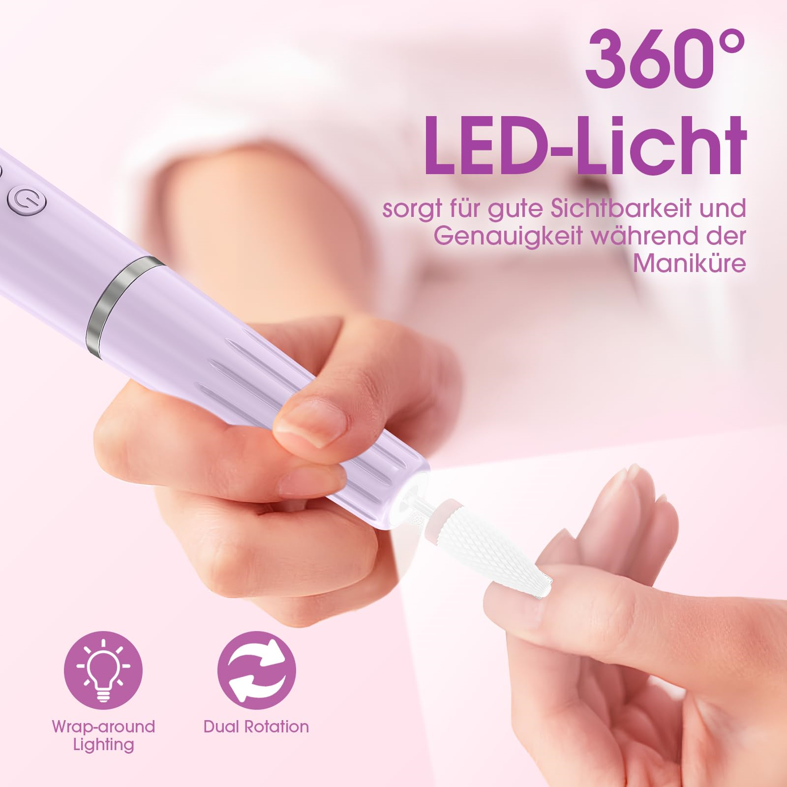 Frau benutzt Nagelpflegewerkzeug mit hellem Licht auf dem Nagel.