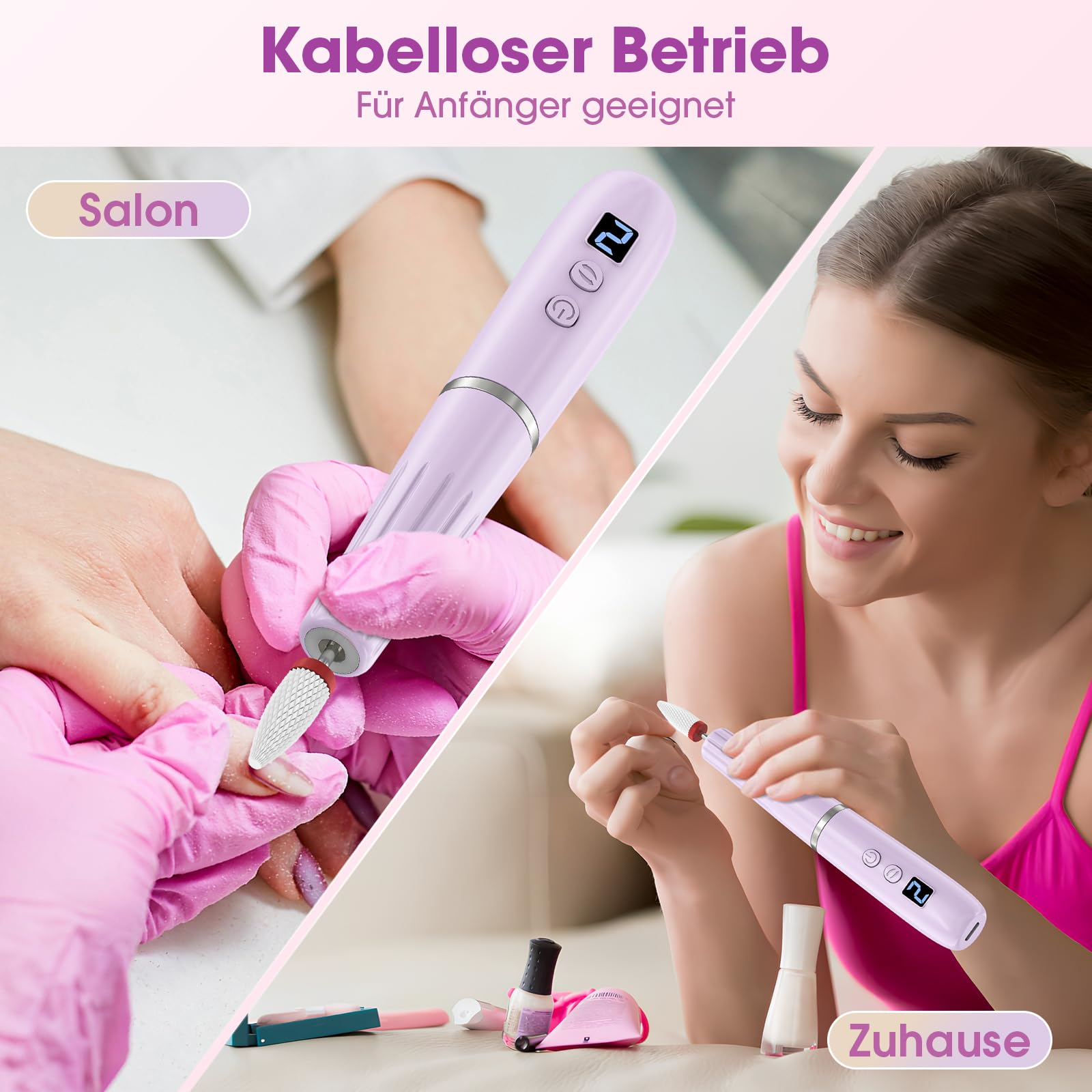 Frau benutzt Nagelfräser, rosa Handschuhe. Andere Frau benutzt Nagelfräser zu Hause.