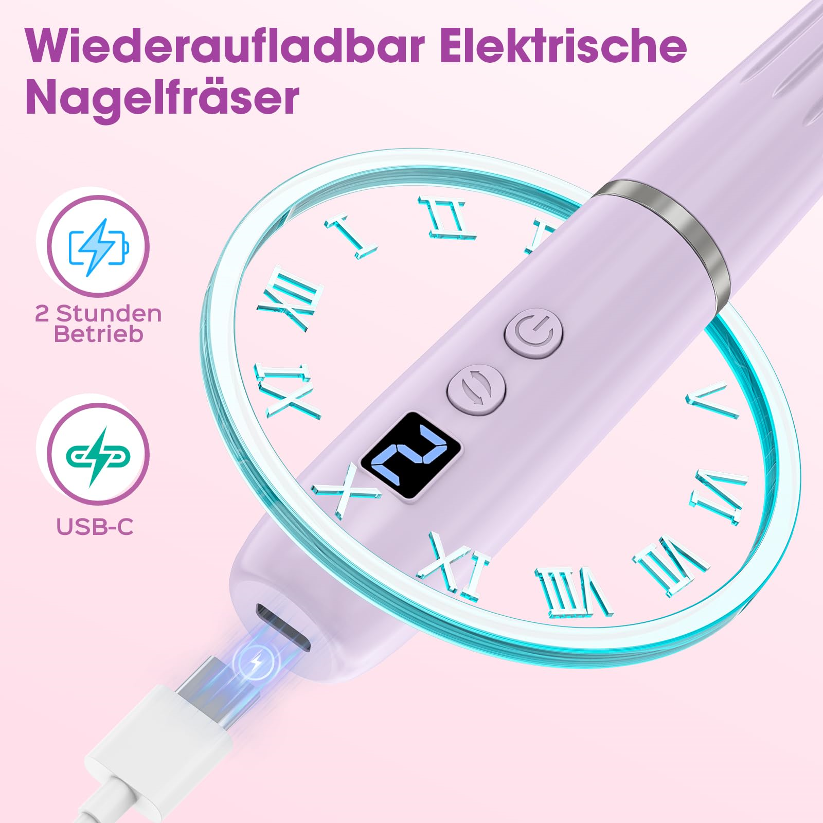 Elektrischer Nagelbohrer mit Digitalanzeige, die die Zahl 2 anzeigt. USB-C-Ladeanschluss sichtbar.
