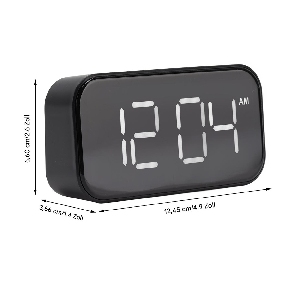 Eine schwarze Digitaluhr mit weißen Ziffern, die 12:04 AM anzeigt. Sie hat Abmessungen in cm und Zoll.