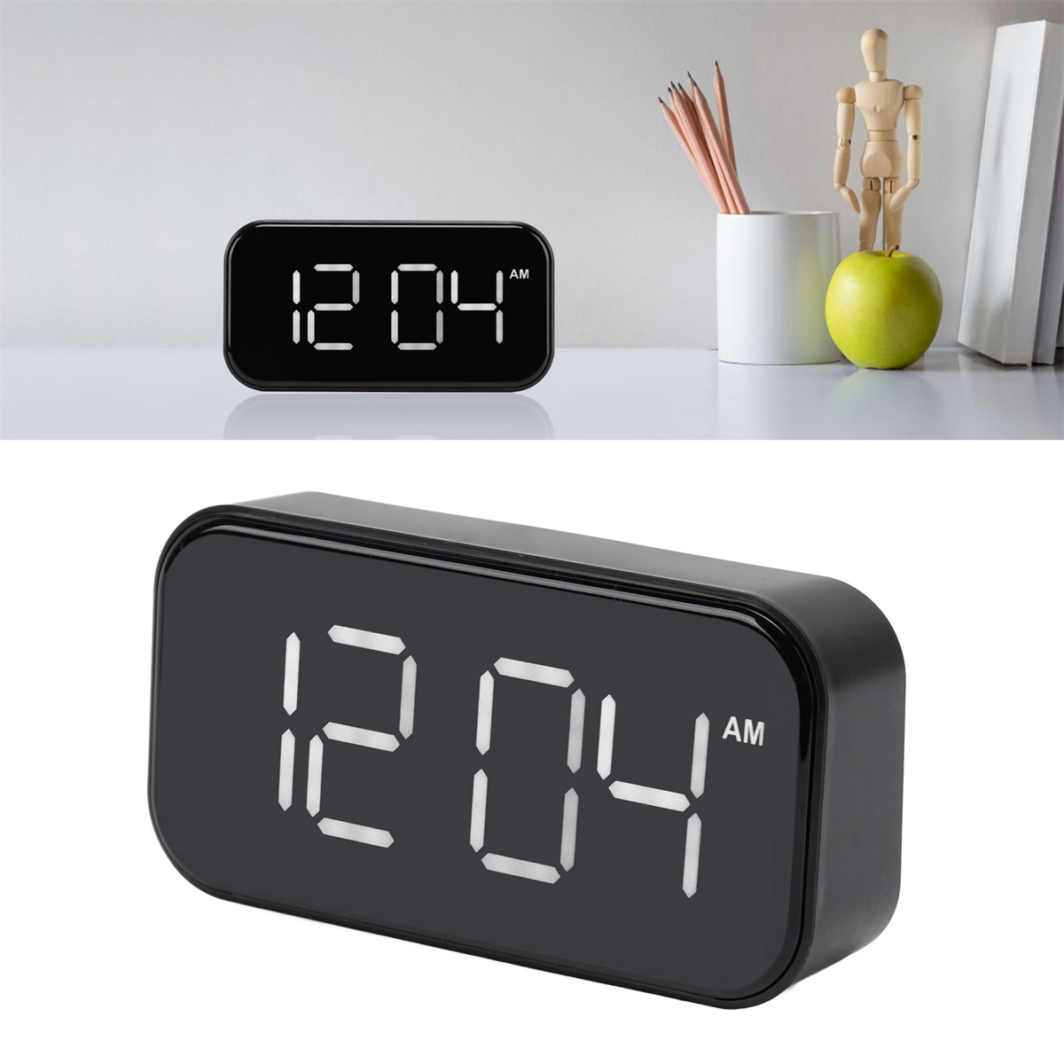 Schwarzer digitaler Wecker, der 12:04 Uhr AM auf einer weißen Oberfläche mit weißem Hintergrund anzeigt.