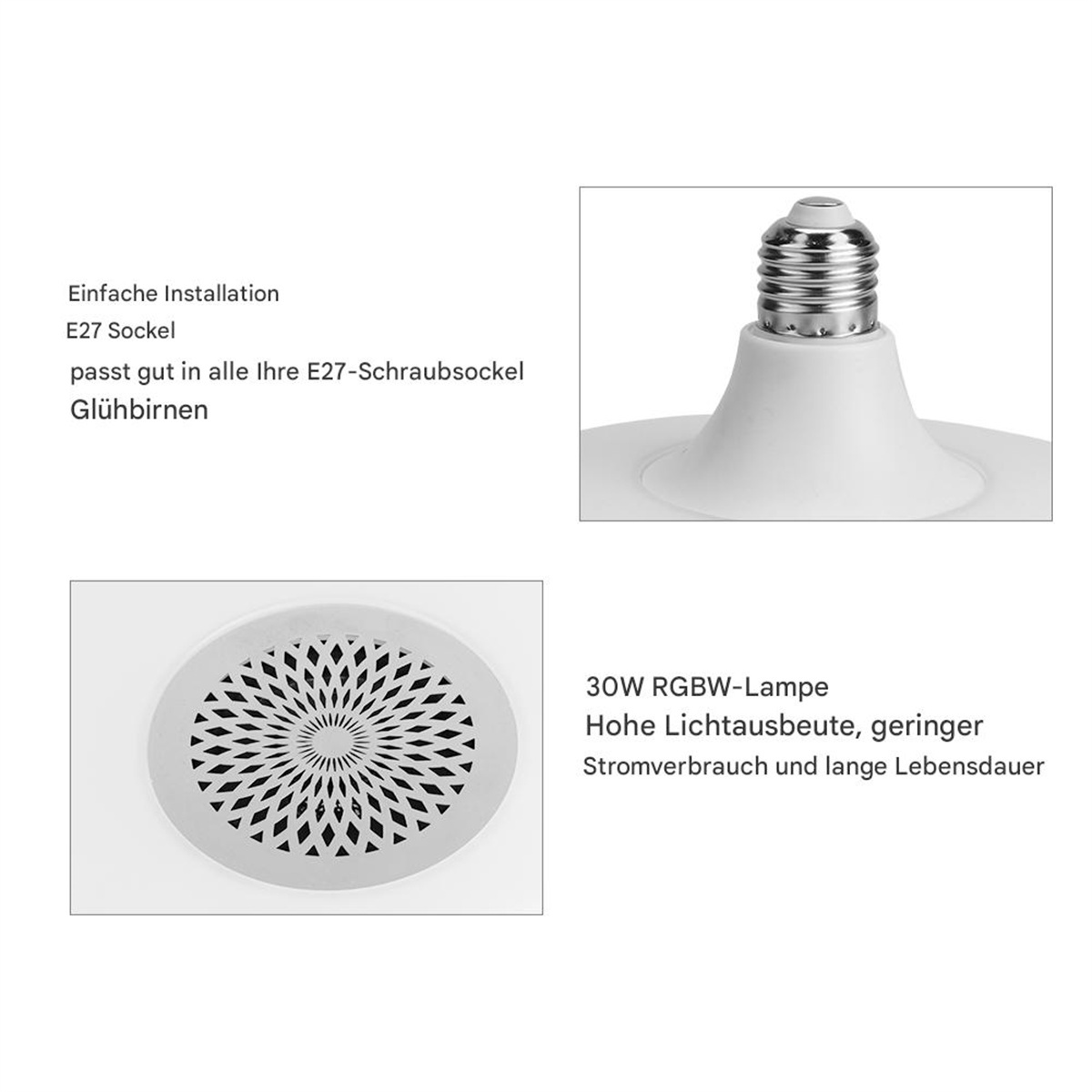 Nahaufnahme einer Glühbirne und eines Lampensockels. Text: Einfache Installation.