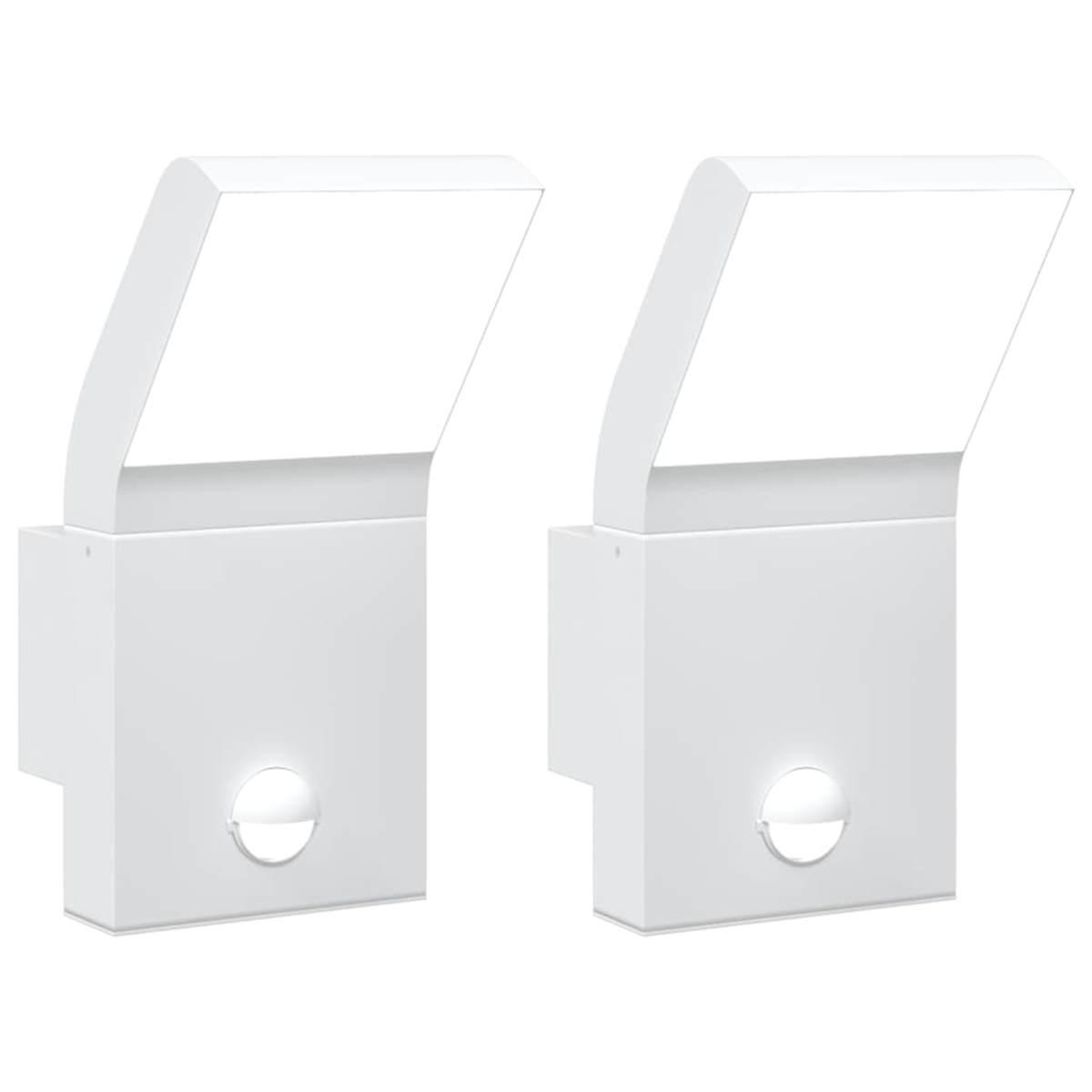 Zwei weiße LED-Leuchten, jede mit abgewinkelter Oberseite und kreisförmigem Licht am Boden.