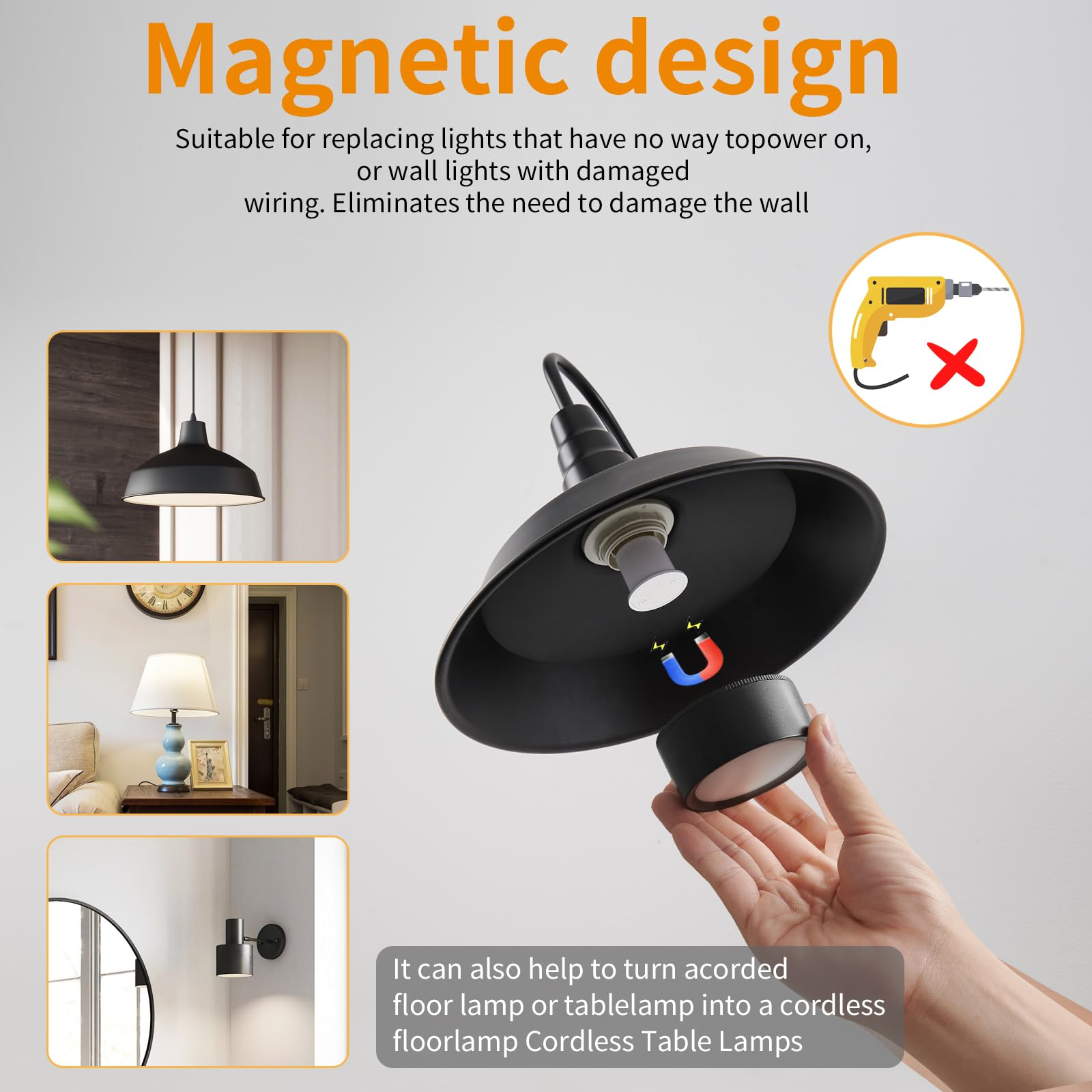Eine Abbildung, die ein magnetisches Design für Lampen zeigt. Die Abbildung zeigt eine Lampe mit magnetischem Sockel.