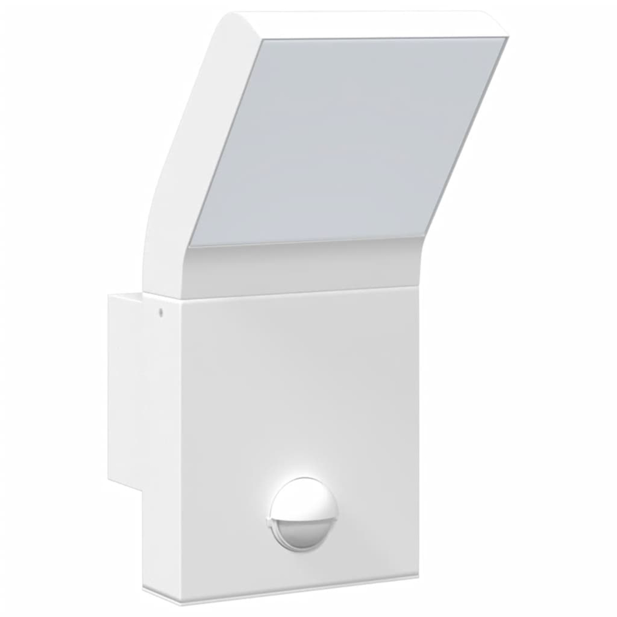 Eine weiße, rechteckige Außenleuchte. Sie ist nach oben abgewinkelt, mit einem Sensor an der Unterseite.
