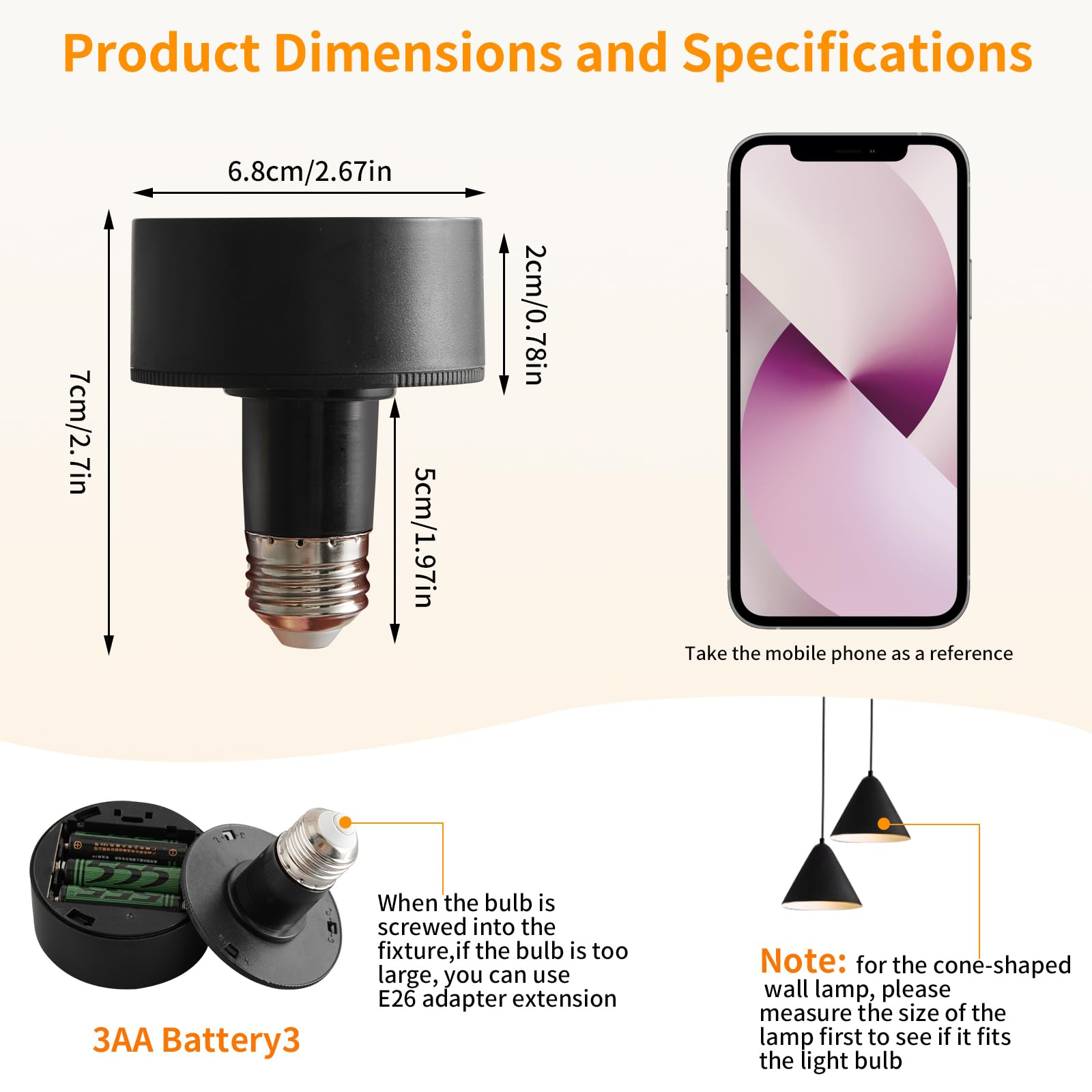 Eine schwarze Lampe mit einem Maßdiagramm, einem Telefon und einem Hinweis zur Glühbirnengröße.